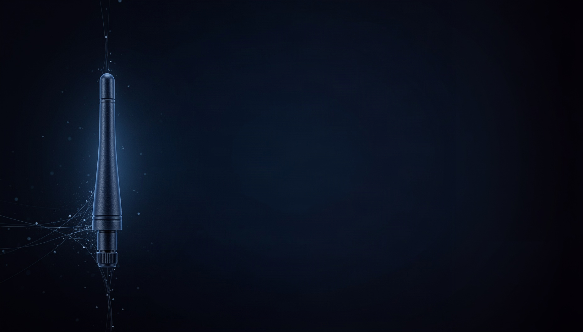 Telecom powerpoint background with a holographic router antenna on the left edge, deep navy