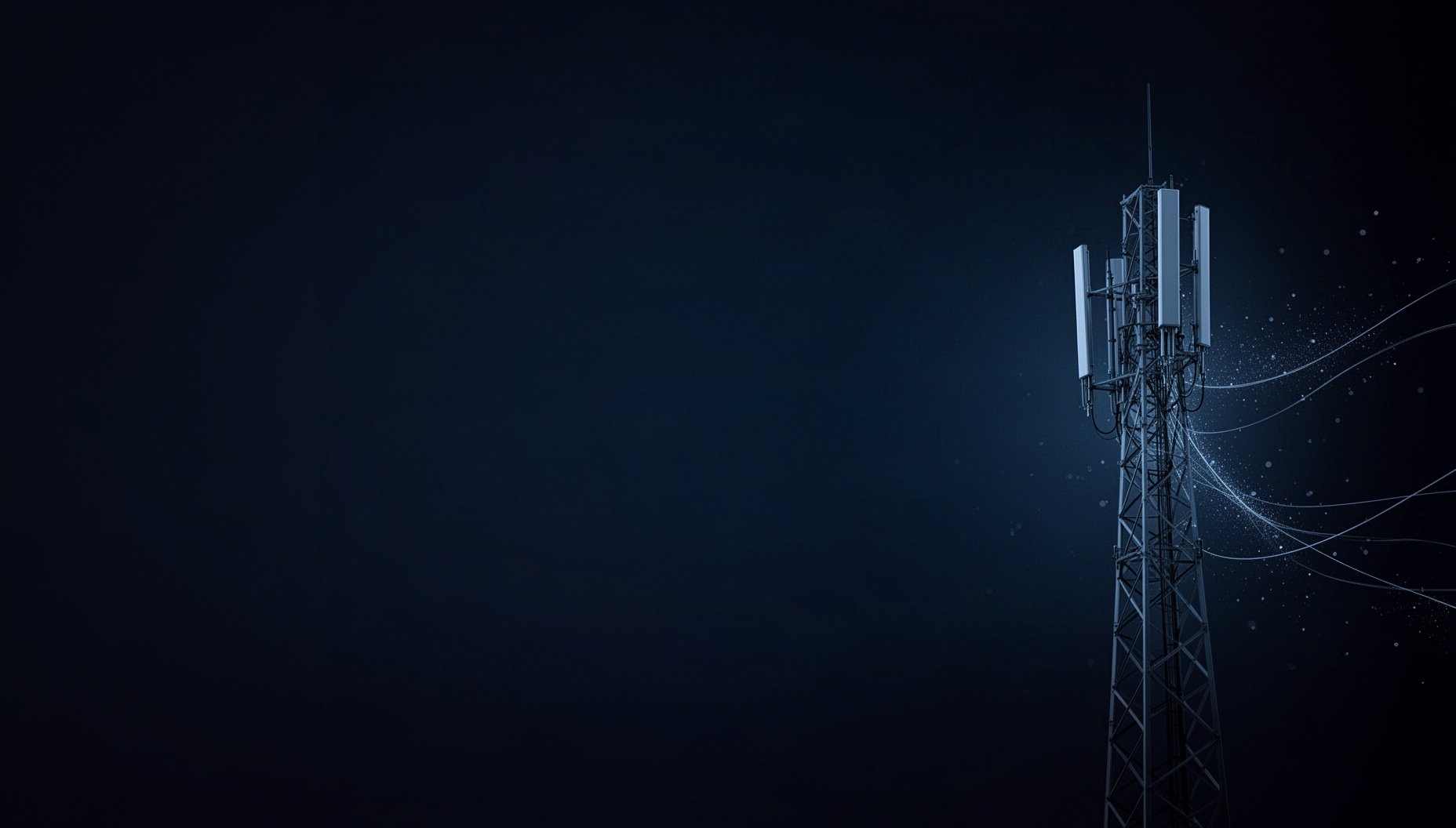 Telecom powerpoint background with a holographic wireless relay mast on the right edge, deep navy