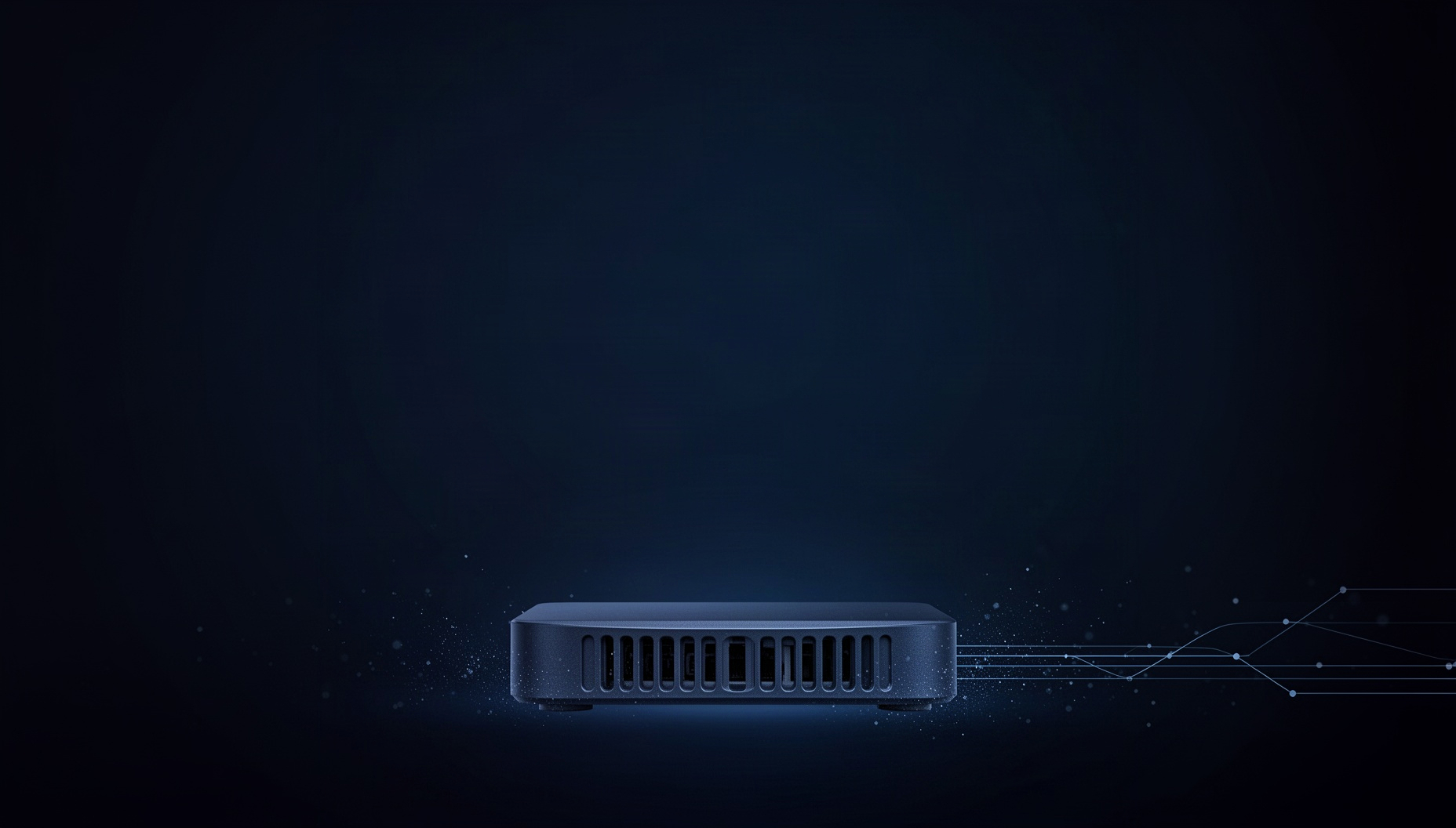 Telecom powerpoint background with a holographic network switch along the bottom edge, deep navy