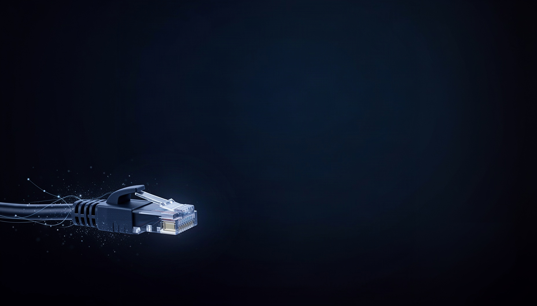 Telecom powerpoint background with a holographic Ethernet cable plug in opposite corners (bottom left, top right), deep navy
