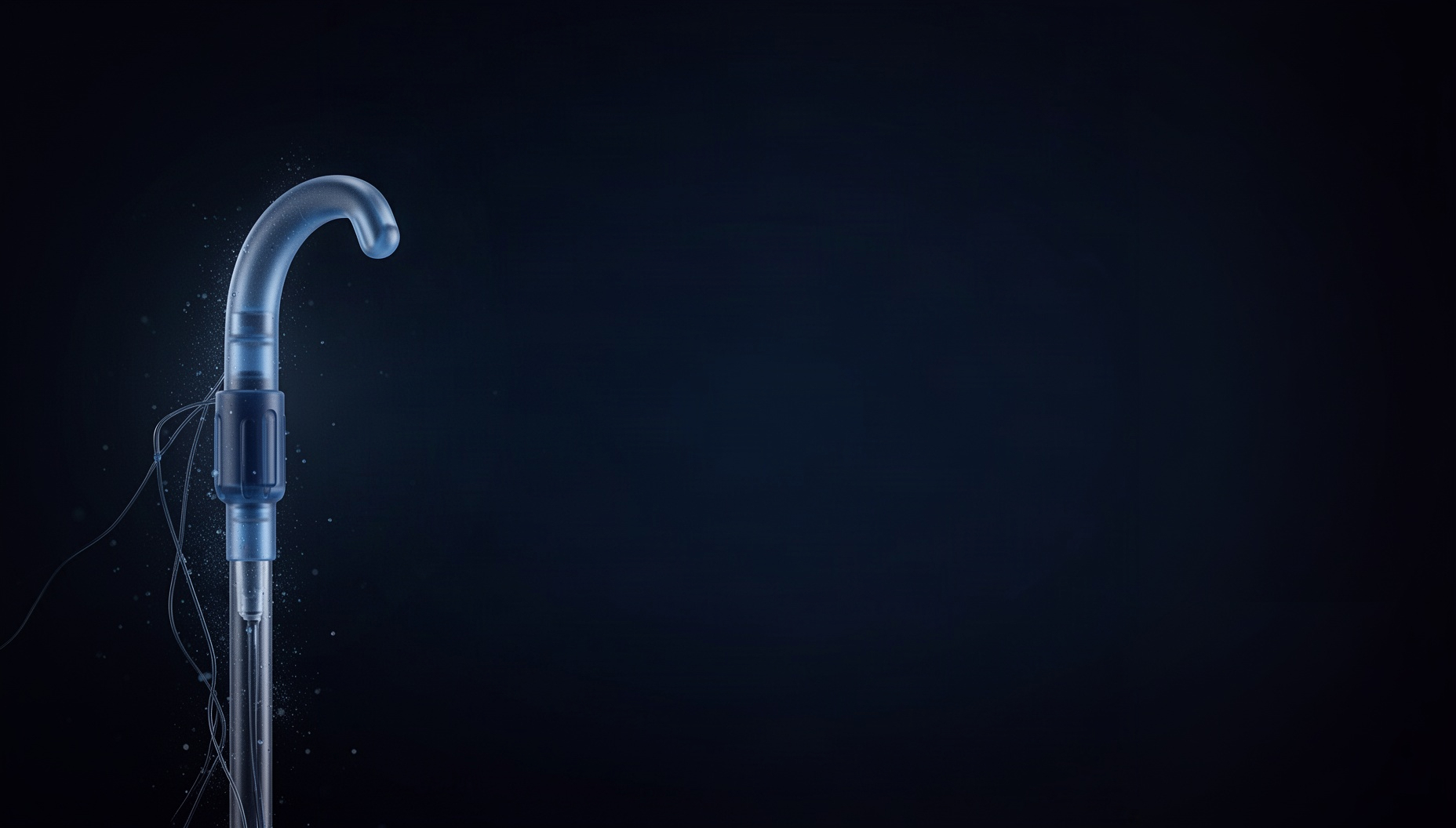 Dark blue presentation background with a realistic infusion stand on the left edge, deep navy