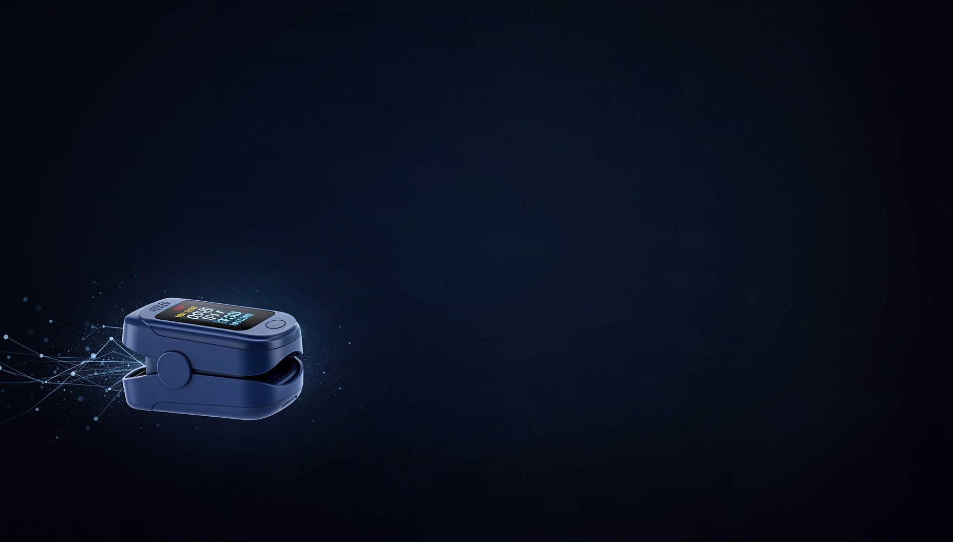 Dark blue presentation background with a realistic pulse oximeter clip in opposite corners, deep navy