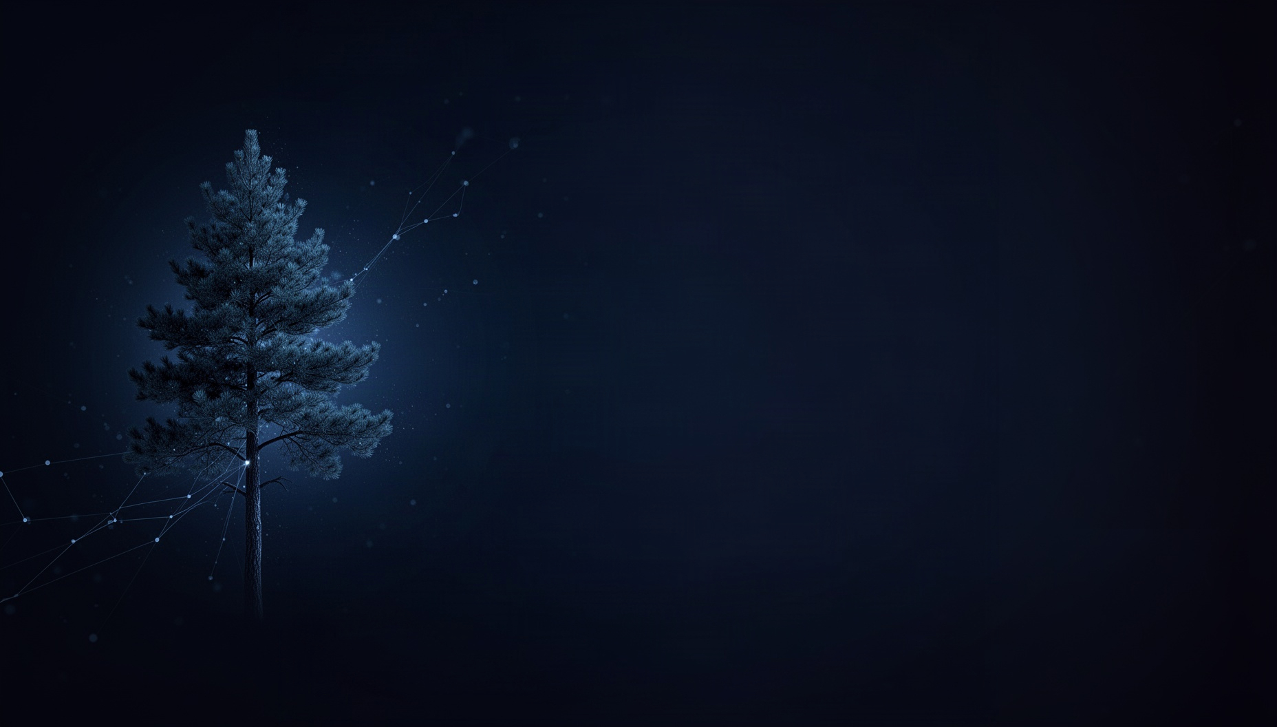 Nature slide background with a pine bough on the left edge, deep navy