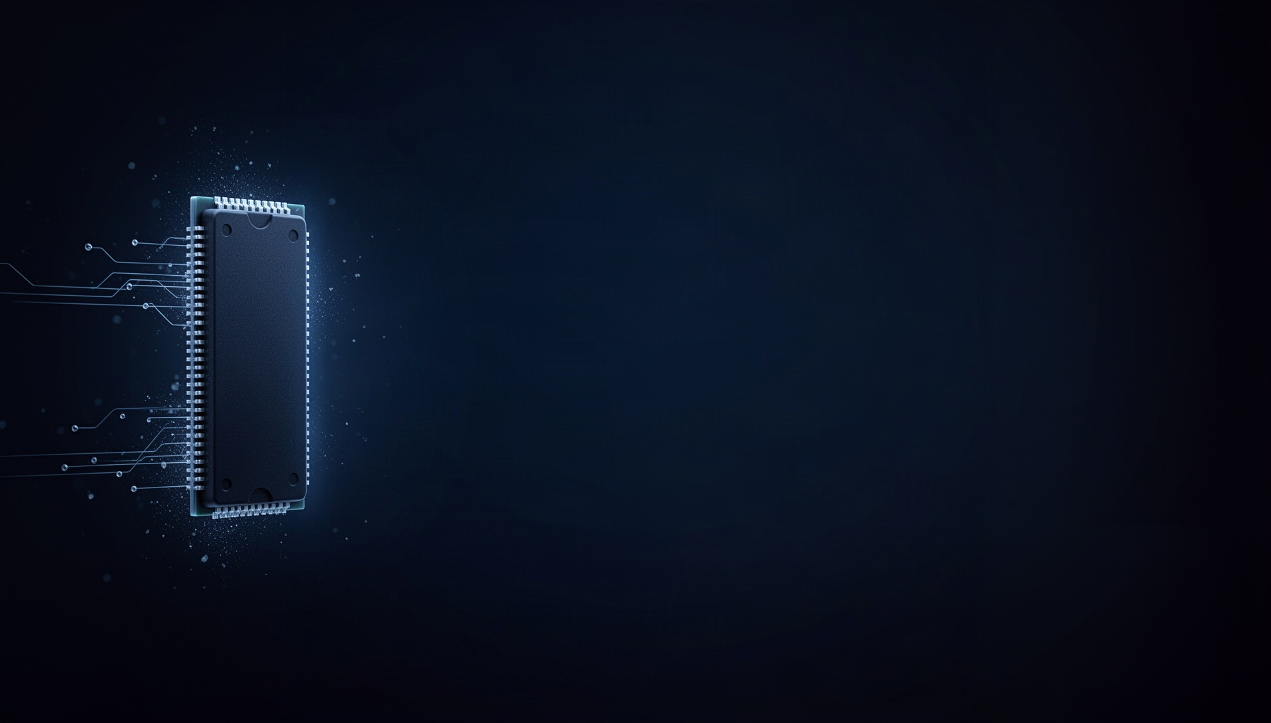 Circuit board PowerPoint background with a 3D-rendered memory module on the left edge, deep navy