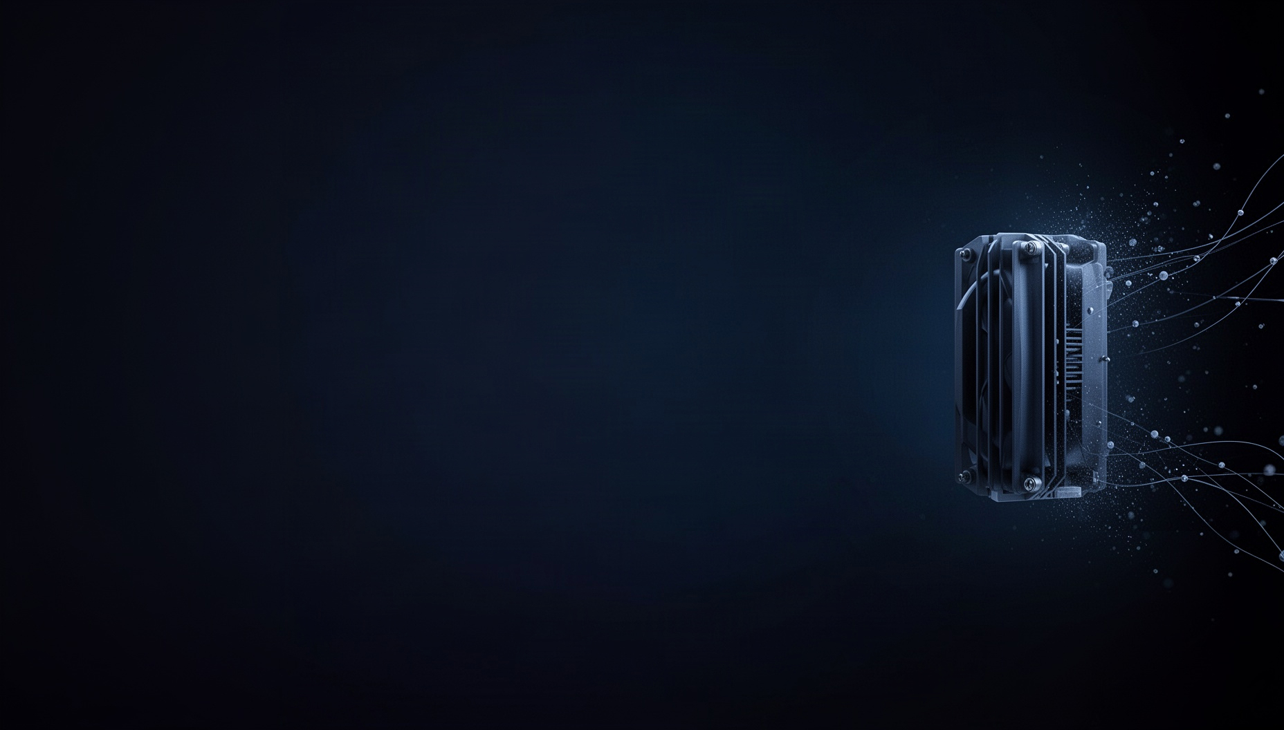 Circuit board PowerPoint background with a 3D-rendered heat sink fin on the right edge, deep navy