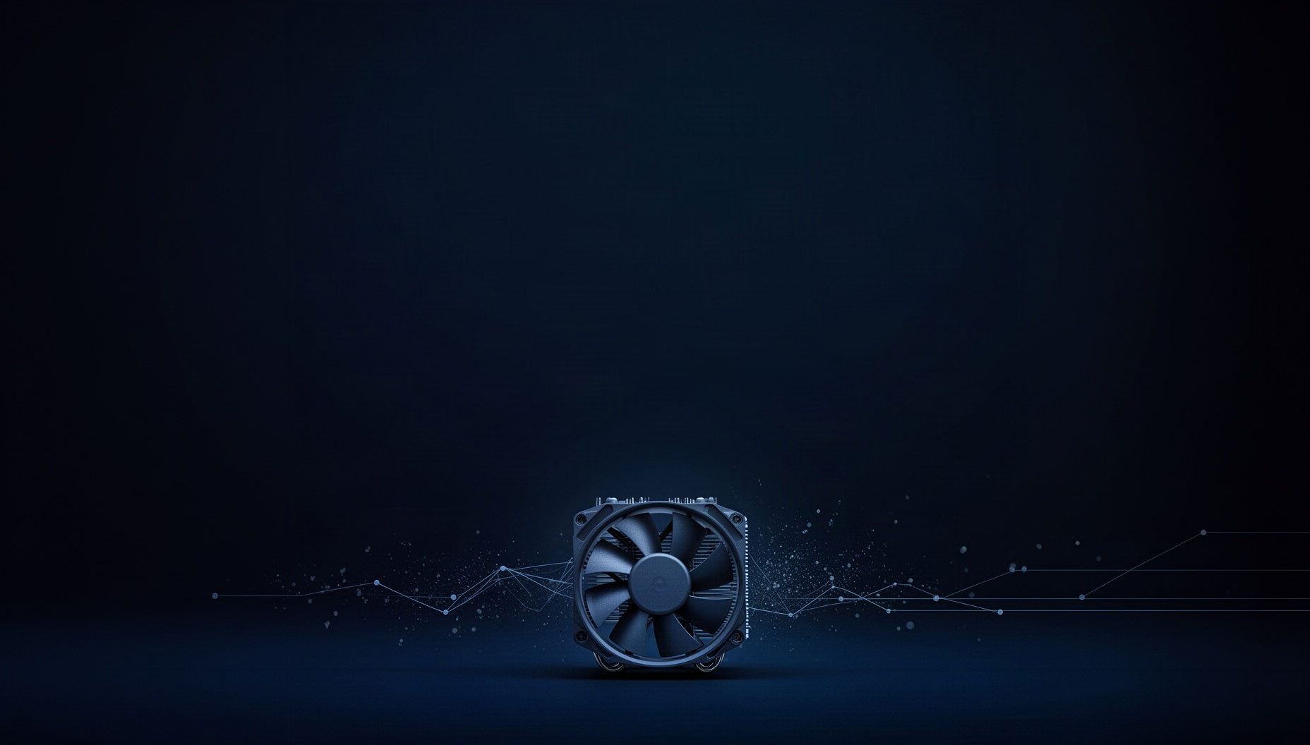 Circuit board PowerPoint background with a 3D-rendered processor fan along the bottom edge, deep navy