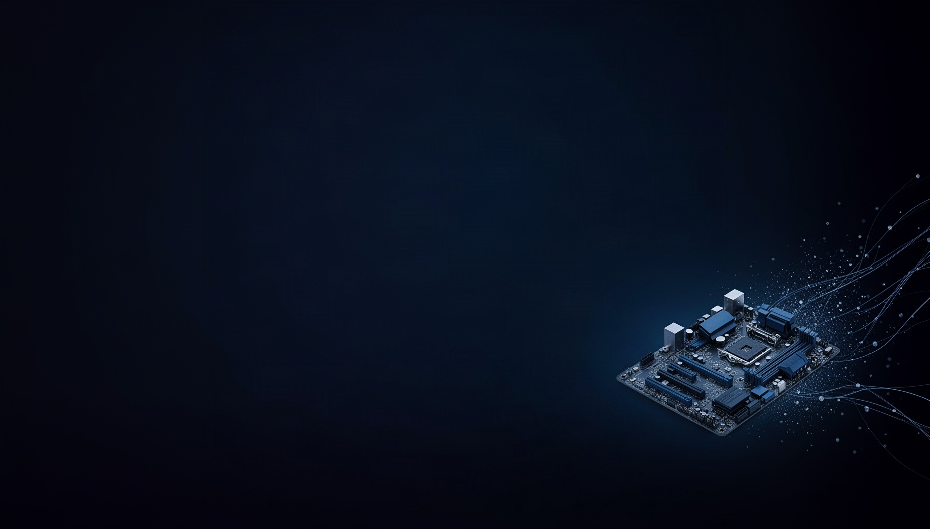 Circuit board PowerPoint background with a 3D-rendered motherboard in opposite corners (top left, bottom right), deep navy