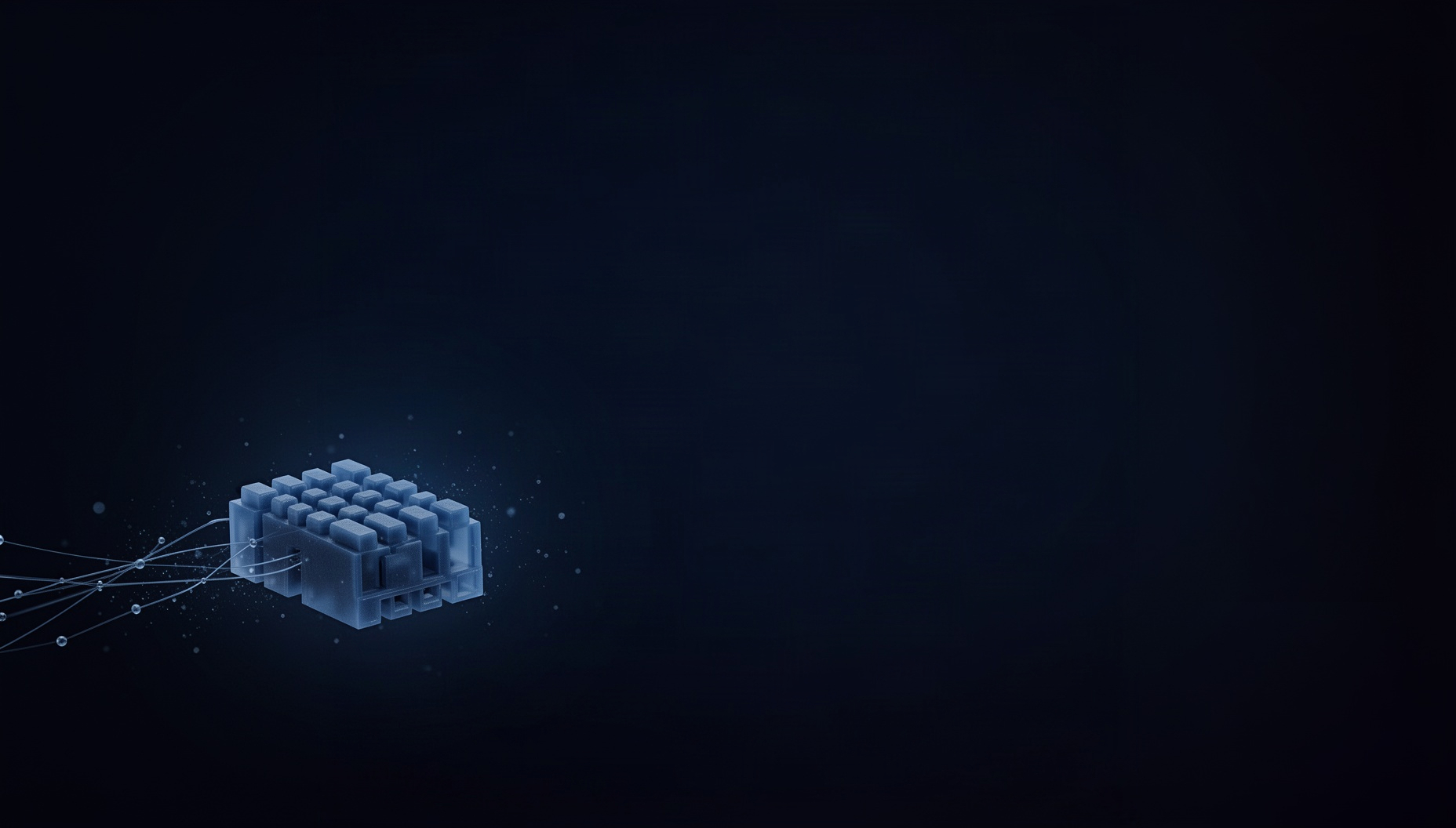 Circuit board PowerPoint background with a 3D-rendered connector pins in opposite corners (bottom left, top right), deep navy