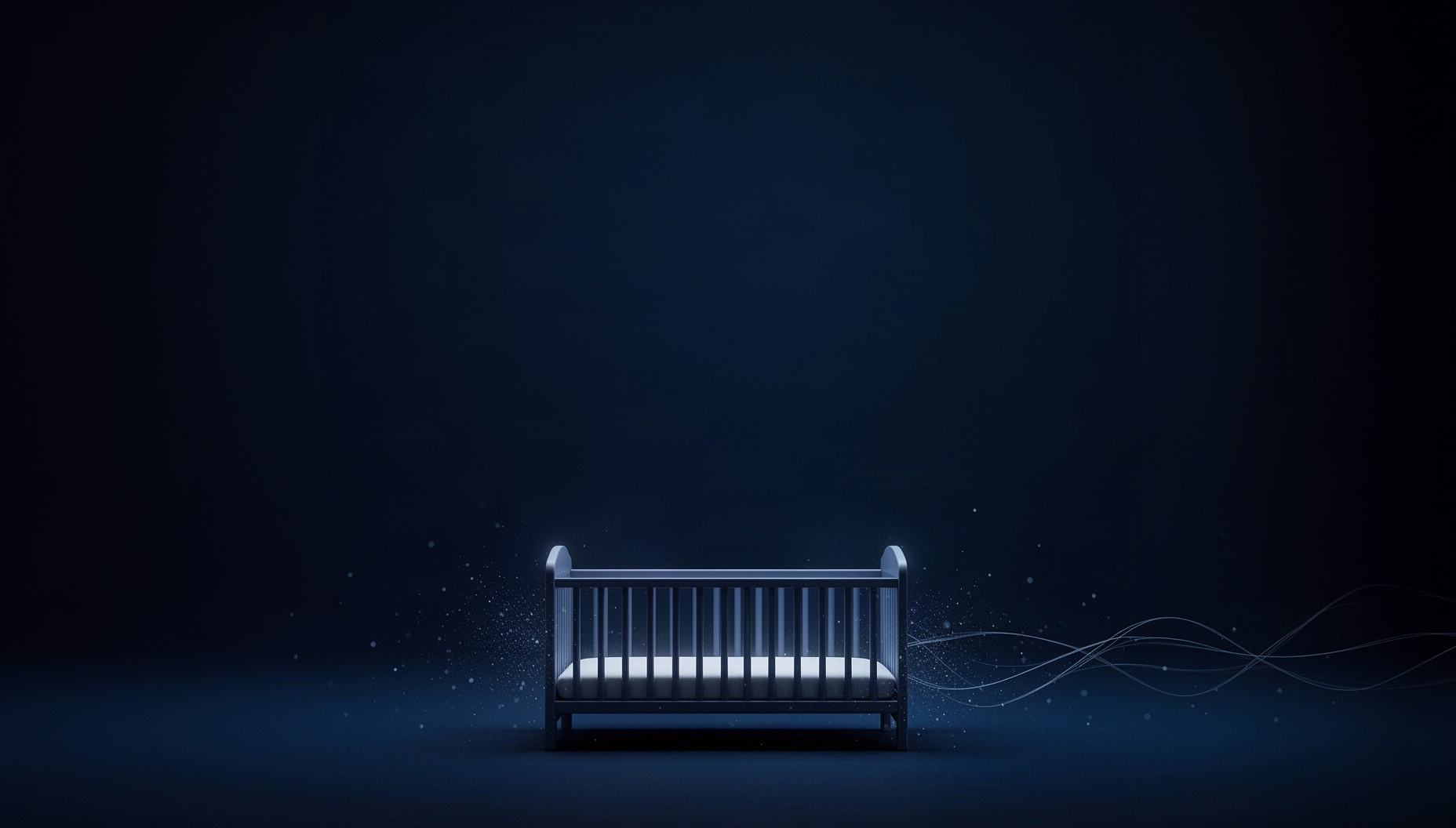 Baby powerpoint background with a holographic crib along the bottom edge, deep navy