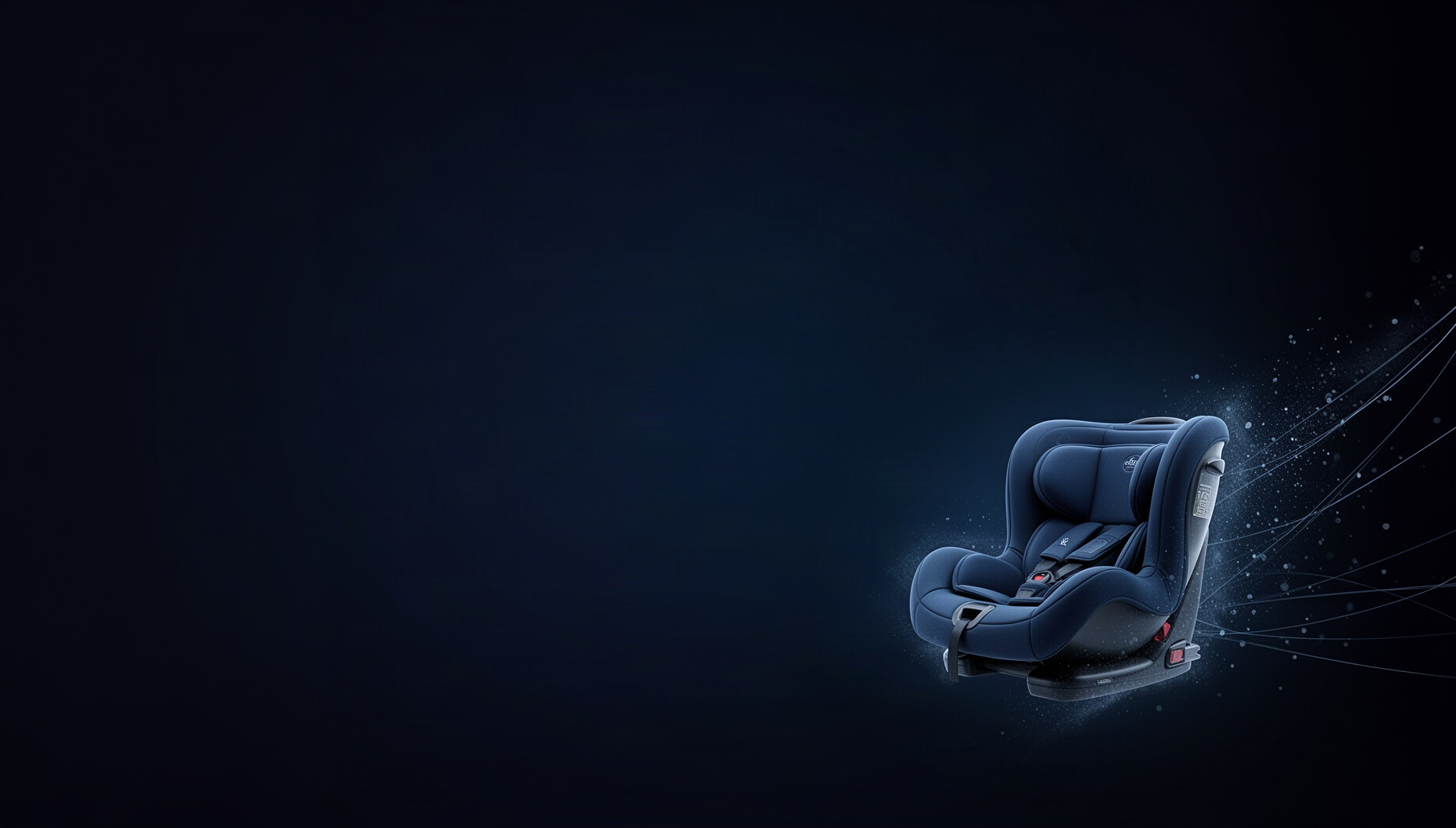 Baby powerpoint background with a holographic car seat in opposite corners, deep navy