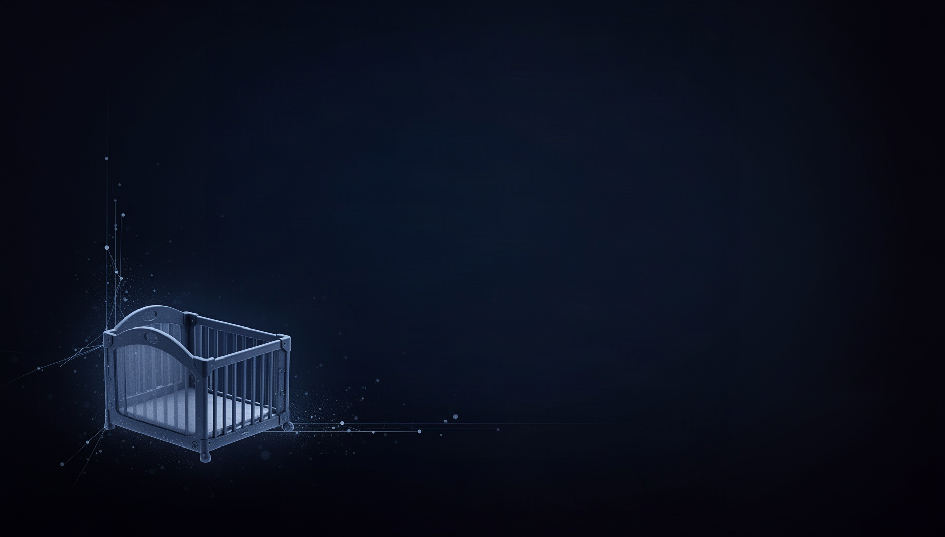 Baby powerpoint background with a holographic playpen in opposite corners, deep navy