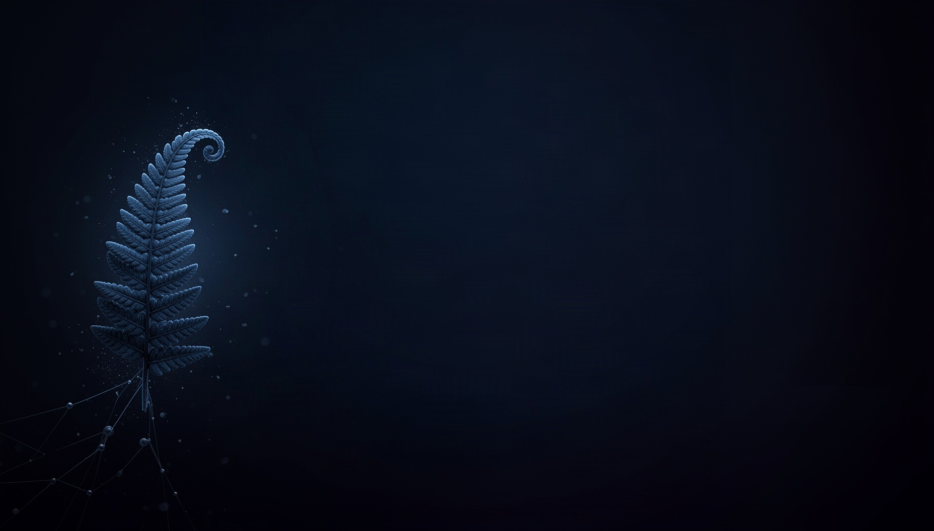 Forest slide background with a holographic fern frond on the left edge, deep navy