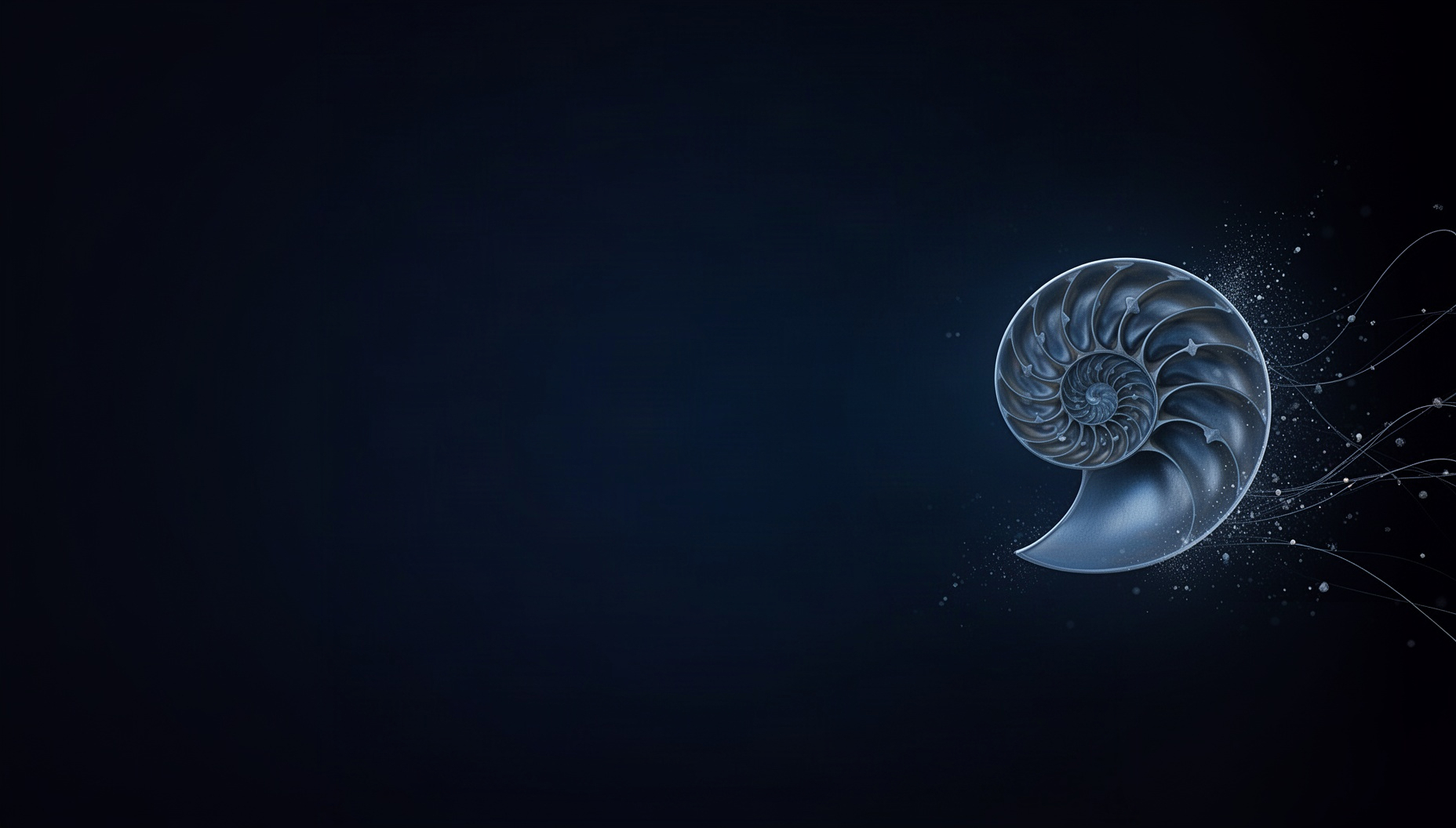 Forest slide background with a holographic nautilus shell on the right edge, deep navy