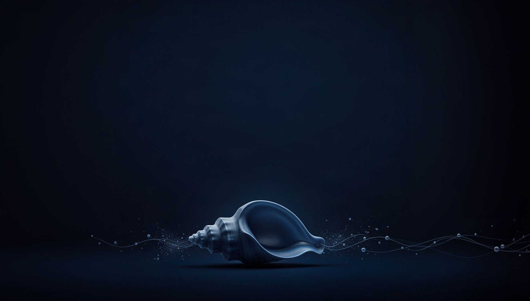 Forest slide background with a holographic conch shell along the bottom edge, deep navy
