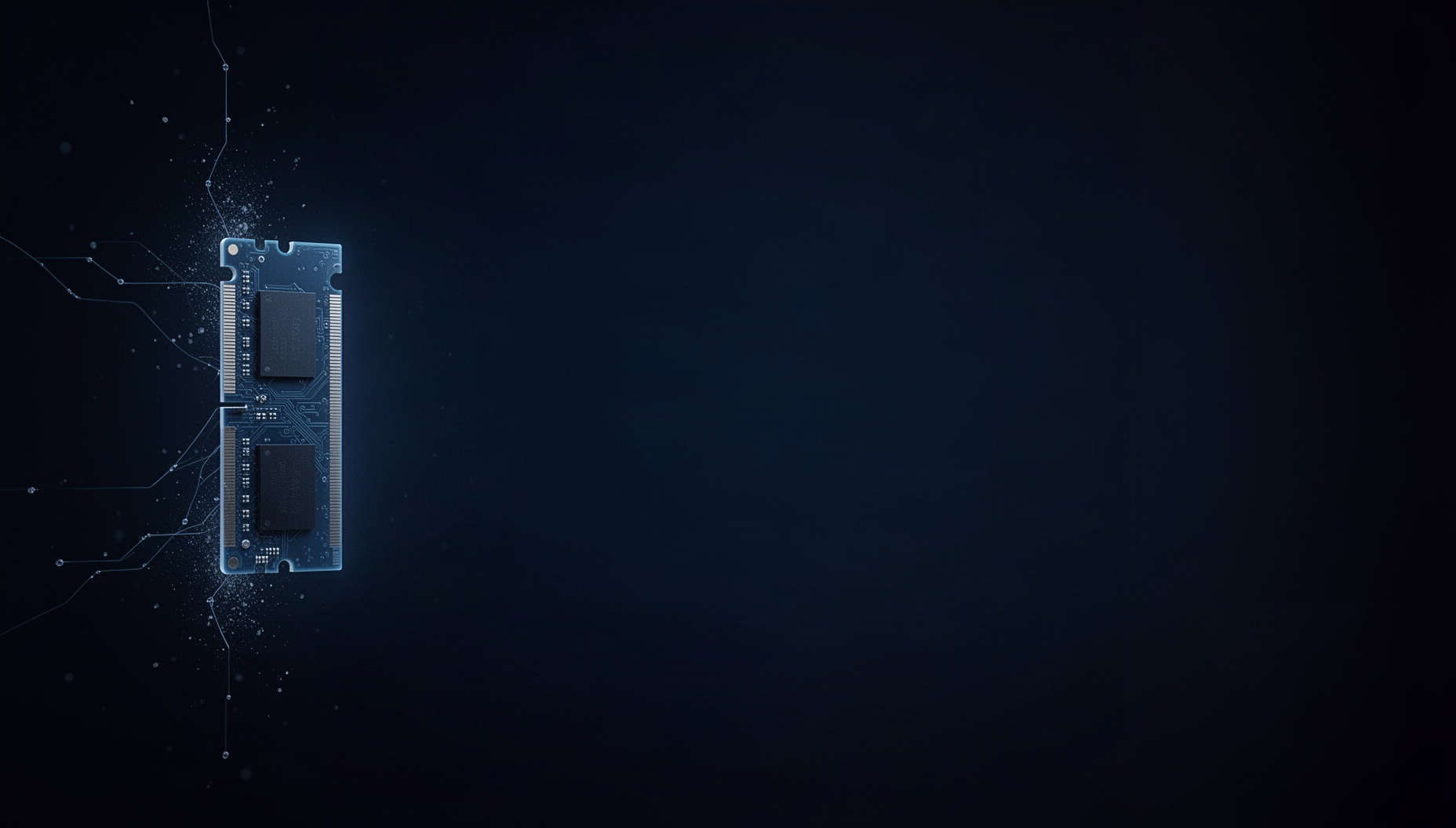 Computer presentation background with a neon RAM module on the left edge, deep navy