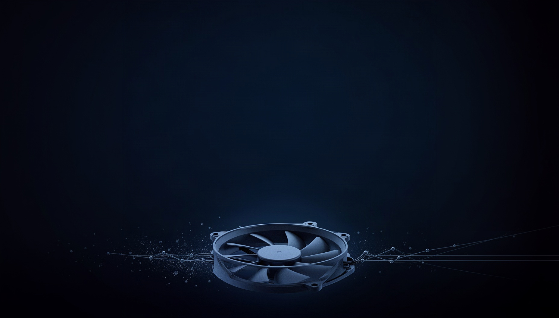 Computer presentation background with a neon case fan grille along the bottom edge, deep navy