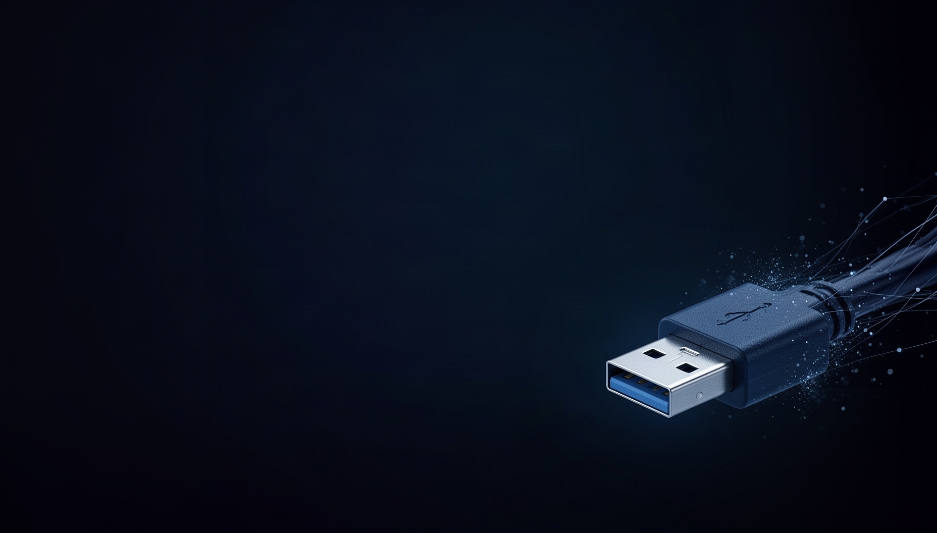 Computer presentation background with a neon USB port corner in opposite corners (top left, bottom right), deep navy