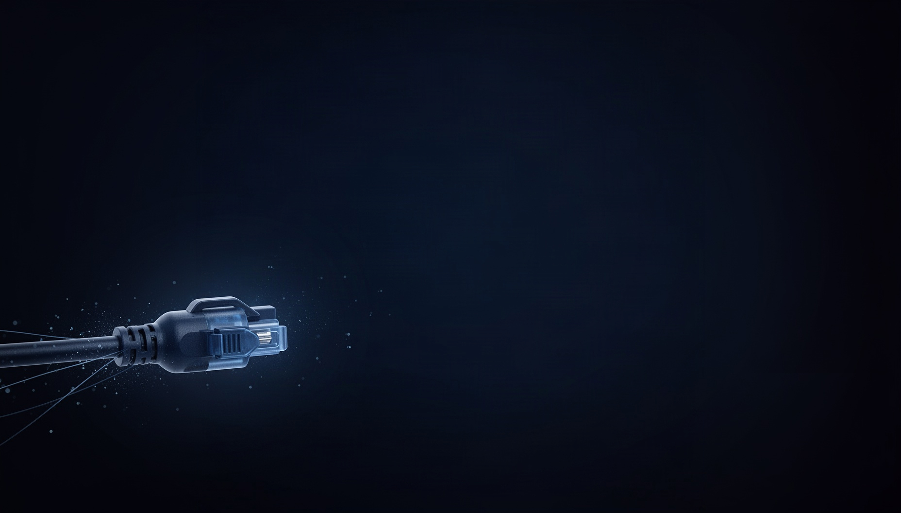 Computer presentation background with a neon power connector latch in opposite corners (bottom left, top right), deep navy
