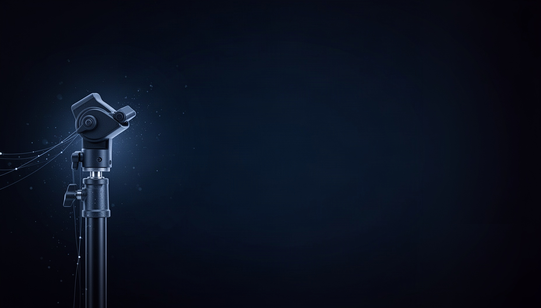 Photography PowerPoint background with a holographic light stand on the left edge, deep navy