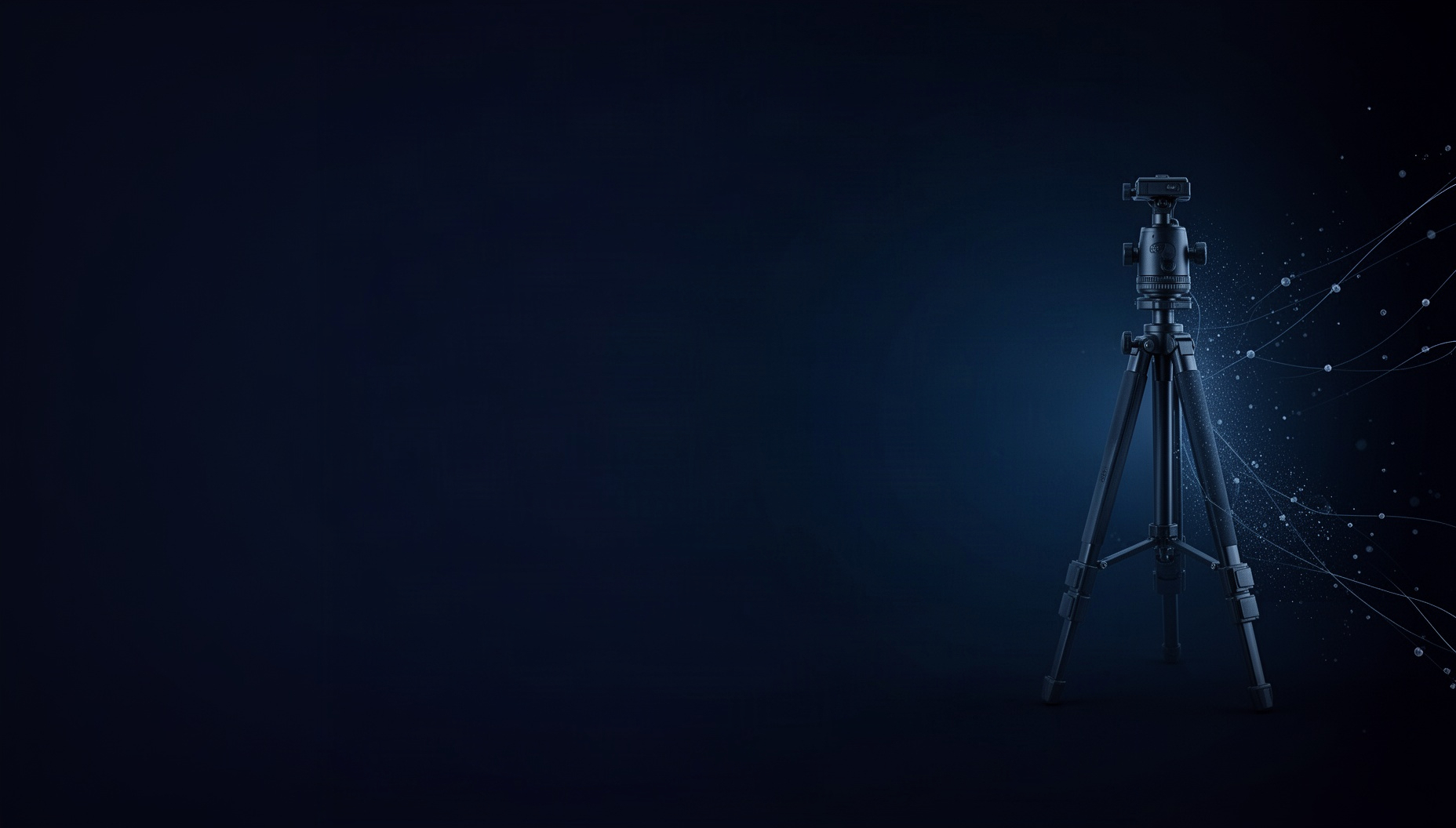 Photography PowerPoint background with a holographic camera tripod on the right edge, deep navy