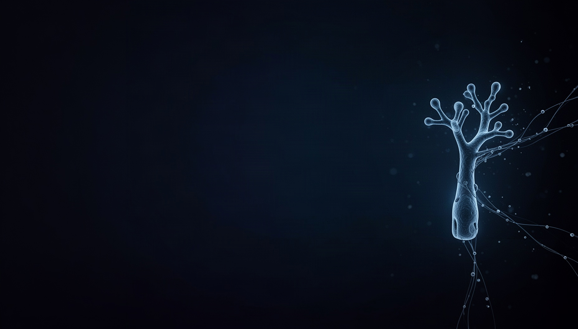 Dark blue slide background with a holographic ion channel on the right edge, deep navy