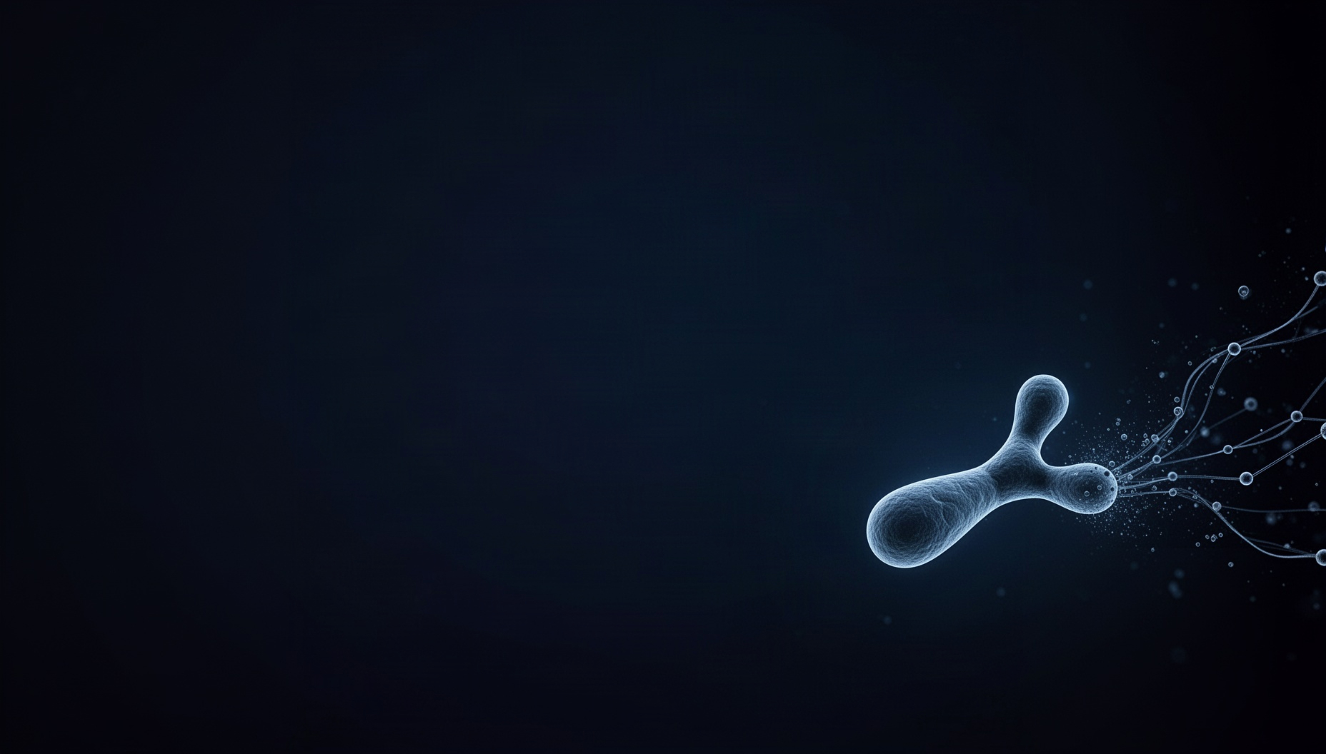 Dark blue slide background with a holographic antibody in opposite corners, deep navy