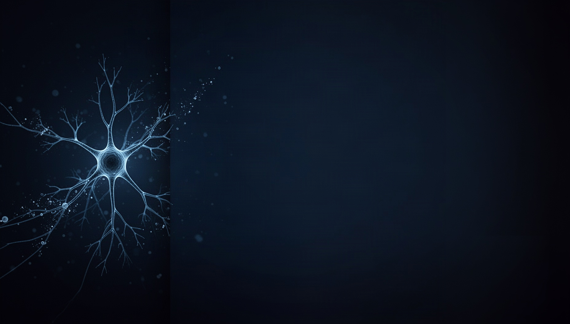 Neuroscience powerpoint background with a blue pyramidal neuron on the left edge, deep navy