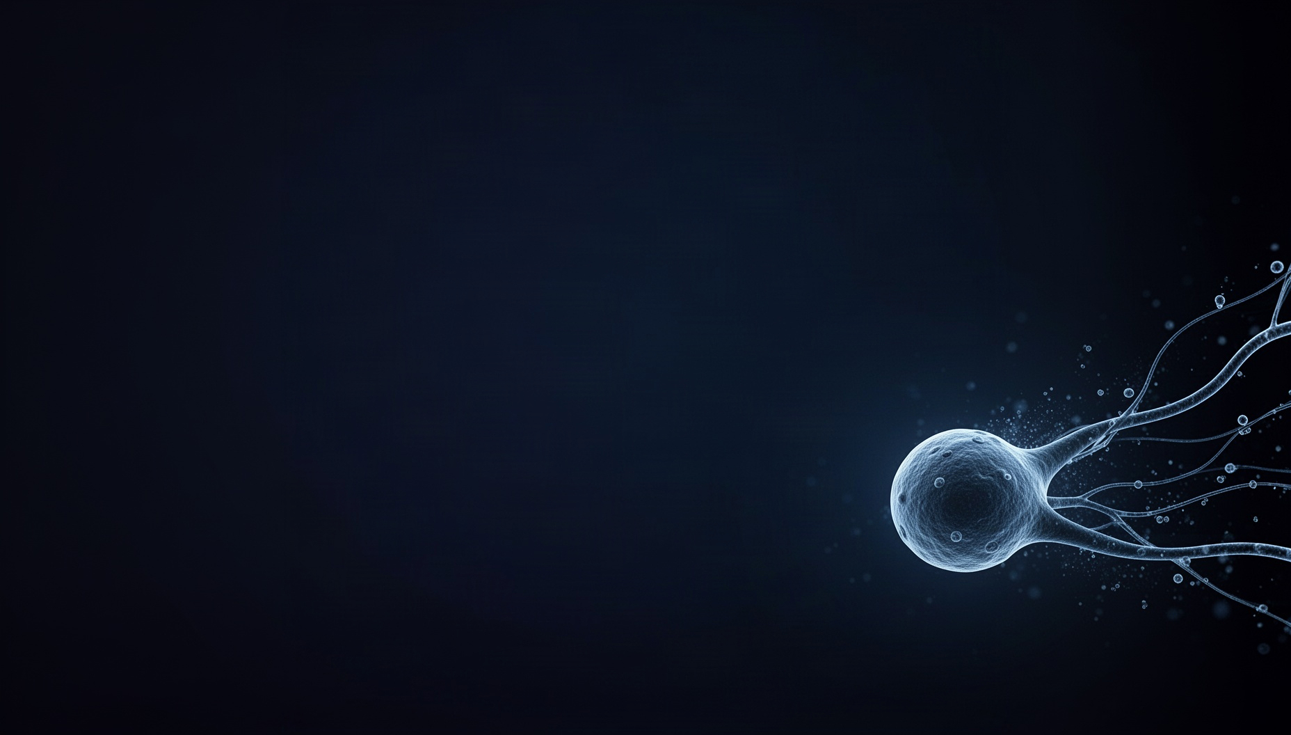 Neuroscience powerpoint background with a blue synaptic terminal in opposite corners (top left, bottom right), deep navy