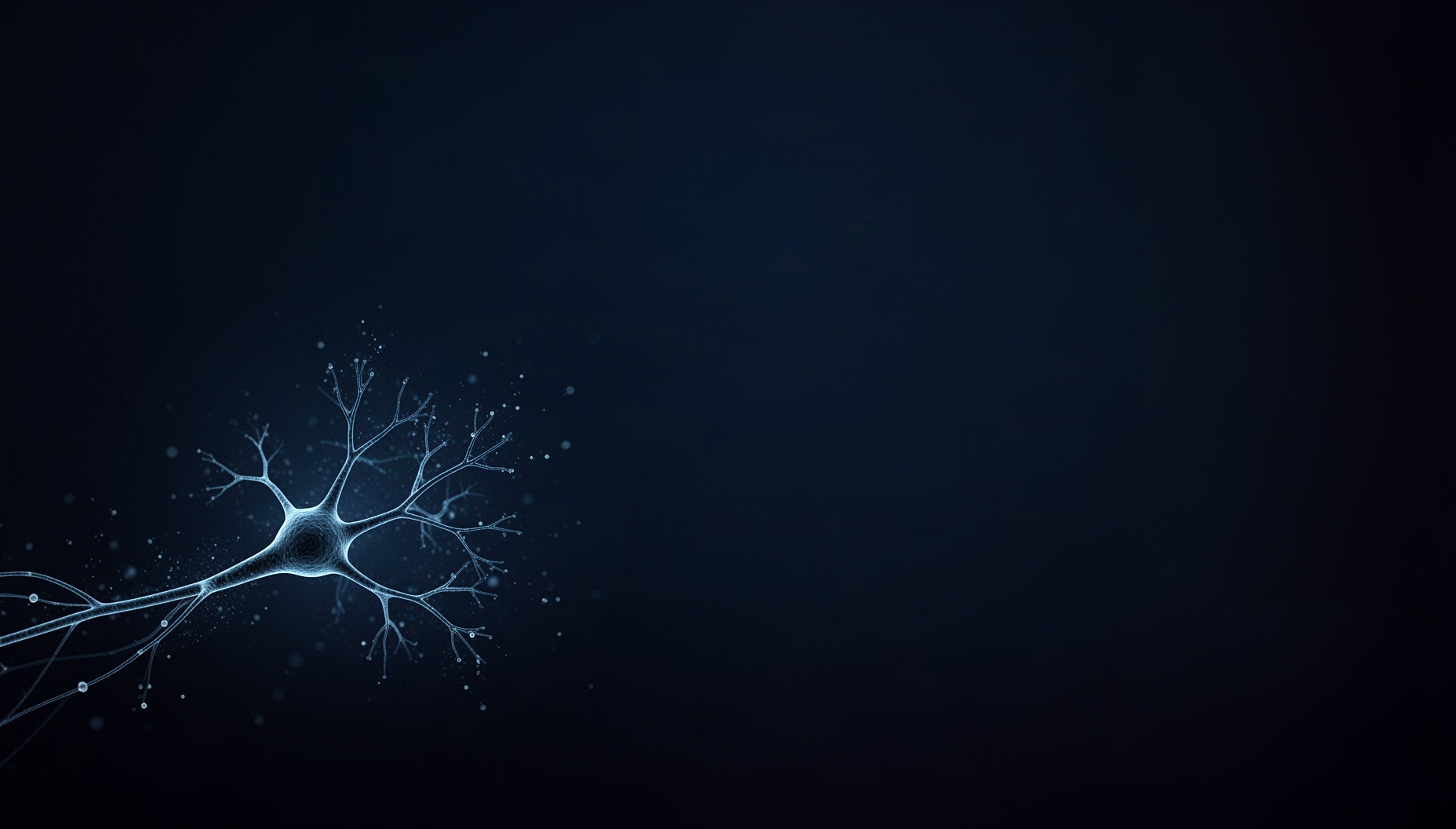 Neuroscience powerpoint background with a blue interneuron in opposite corners (bottom left, top right), deep navy