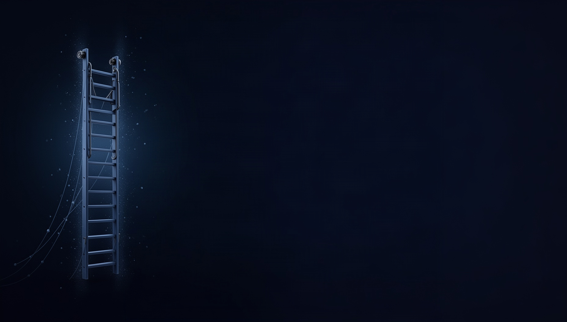 Book background for slides with a holographic library ladder on the left edge, deep navy