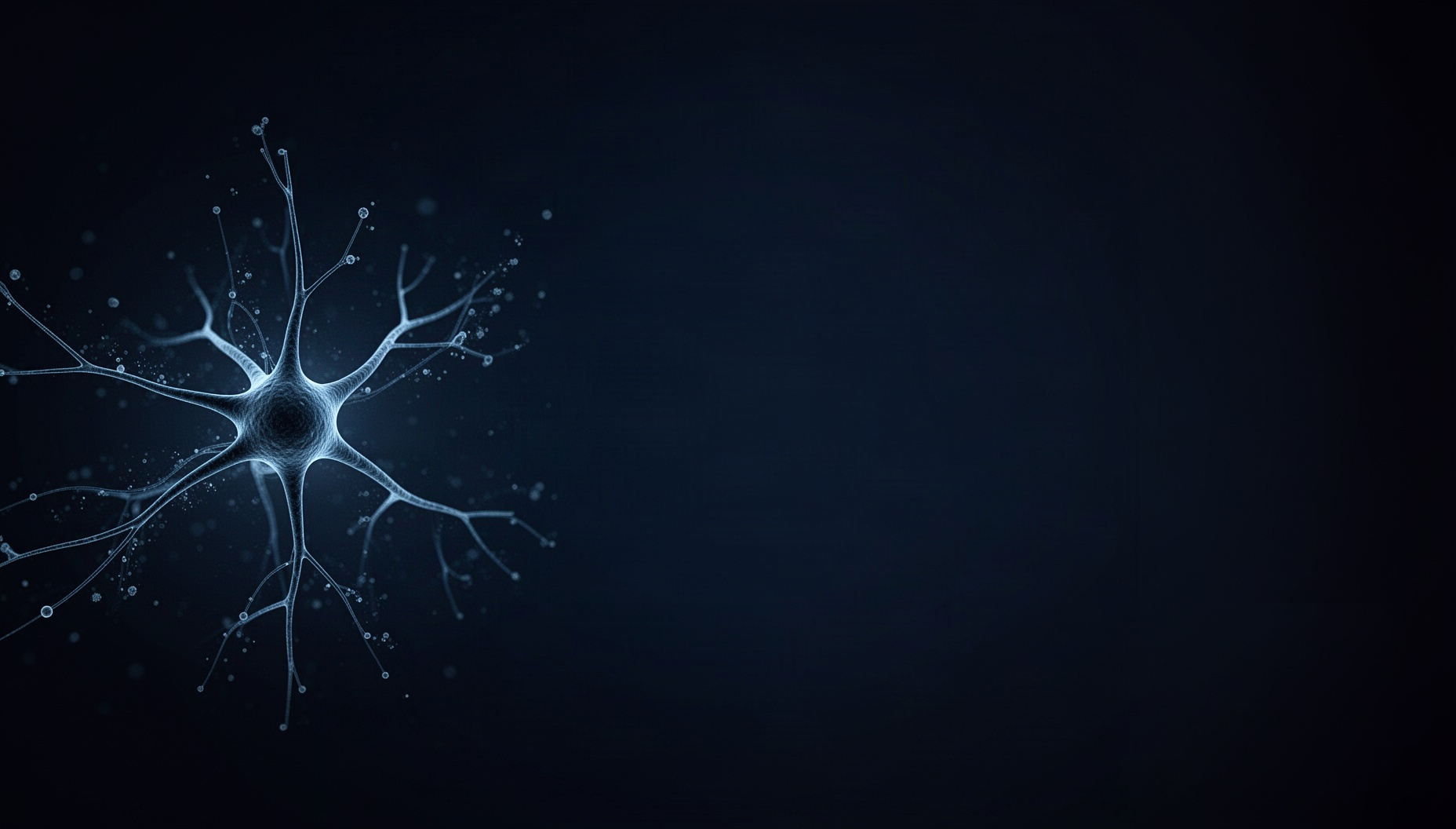 Brain slide background with a holographic pyramidal neuron on the left edge, deep navy