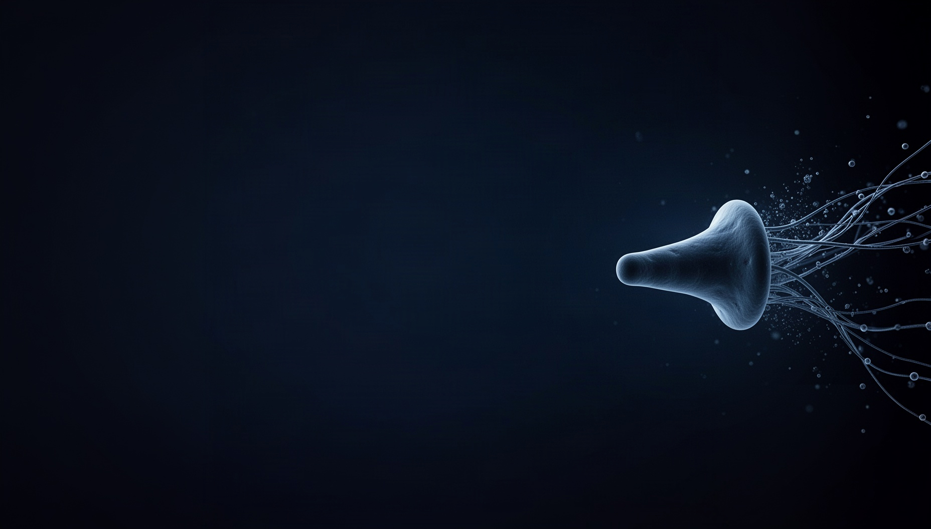 Brain slide background with a holographic myelinated axon on the right edge, deep navy