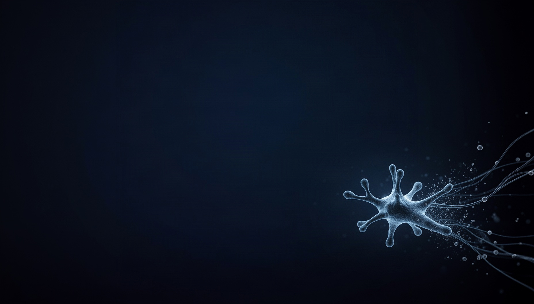 Brain slide background with a holographic dendritic spine in opposite corners, deep navy