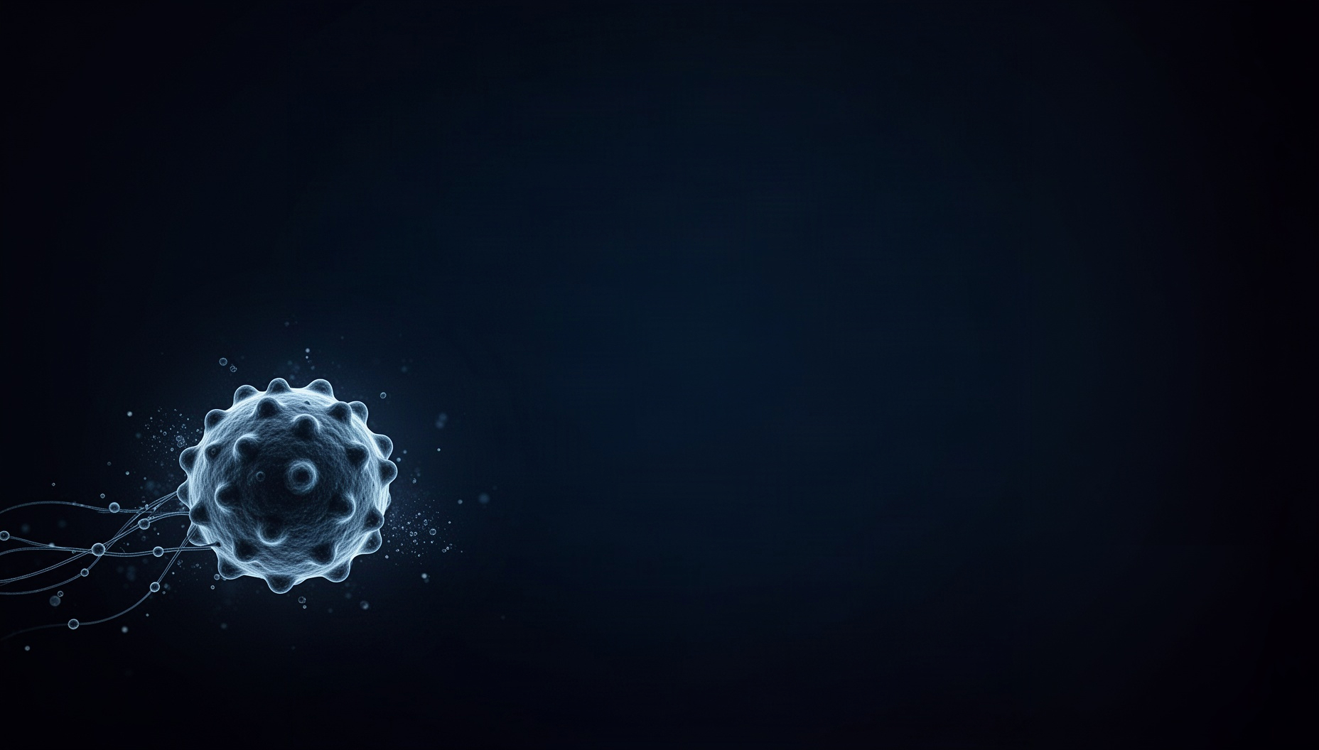 Brain slide background with a holographic synaptic vesicle in opposite corners, deep navy