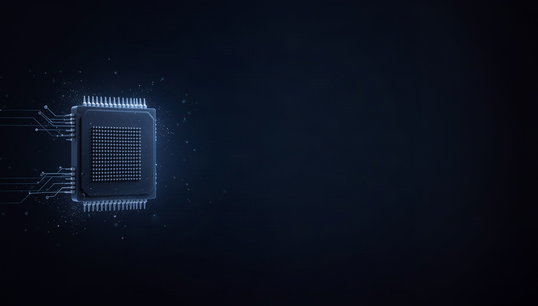 Semiconductor powerpoint background with a realistic processor pin grid on the left edge, deep navy