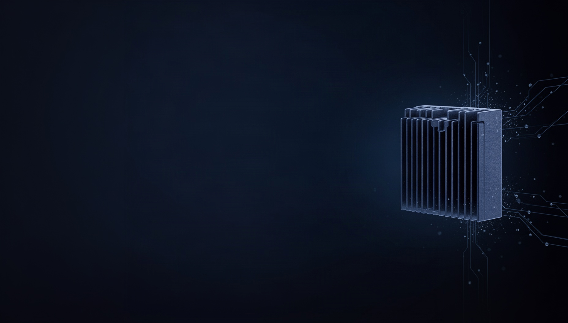 Semiconductor powerpoint background with a realistic heat sink on the right edge, deep navy