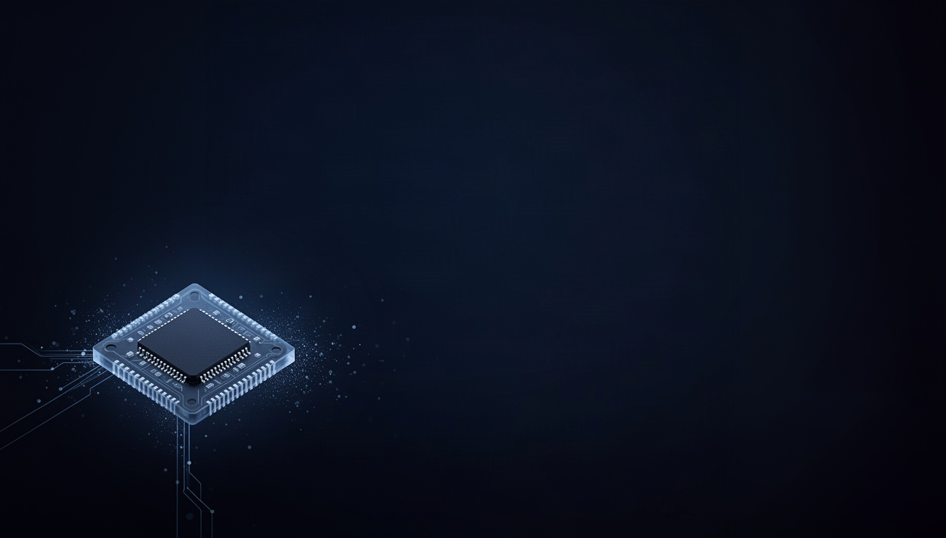 Semiconductor powerpoint background with a realistic circuit substrate in opposite corners, deep navy