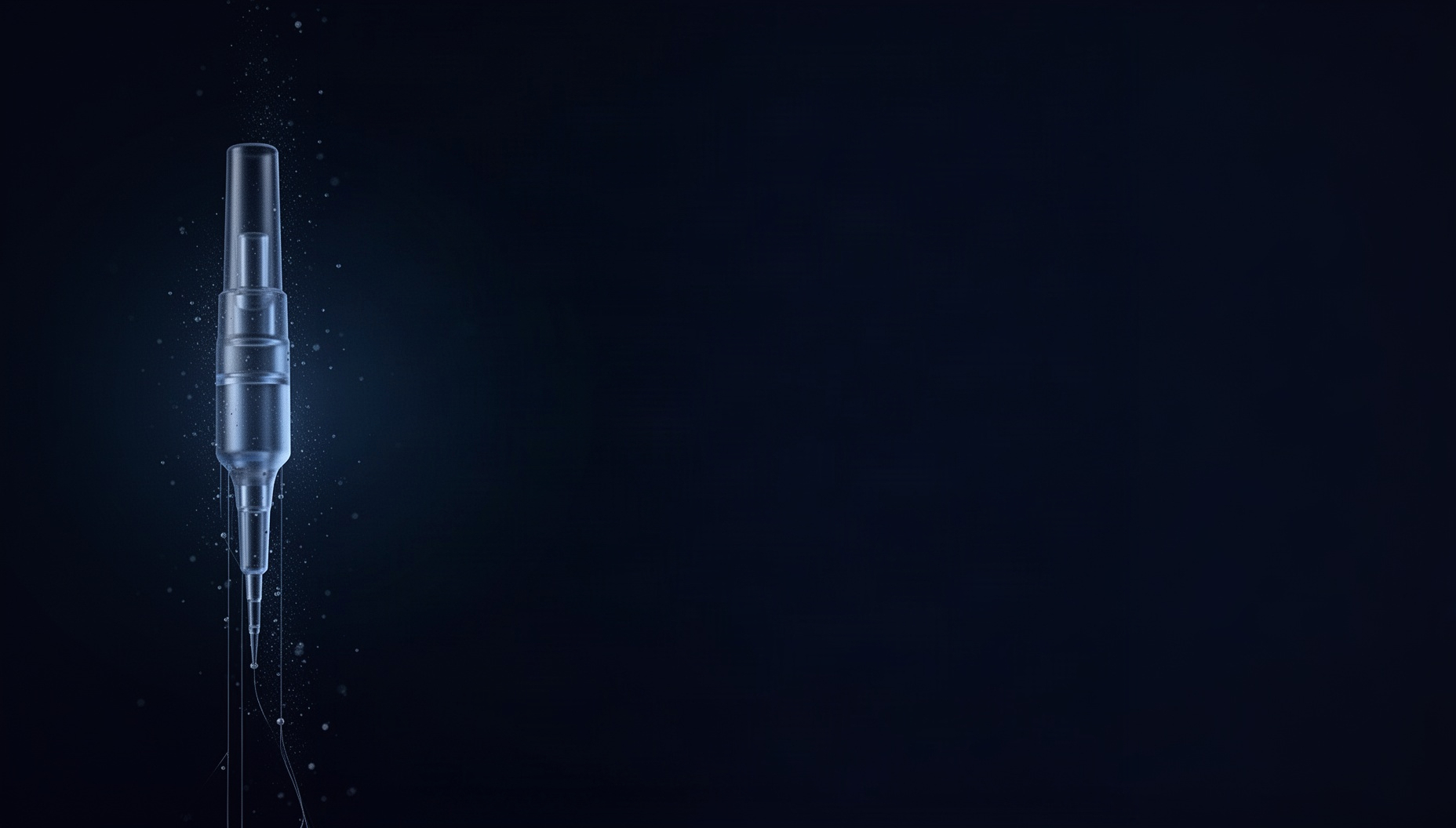 Navy blue PowerPoint background with a holographic microneedle on the left edge, deep navy