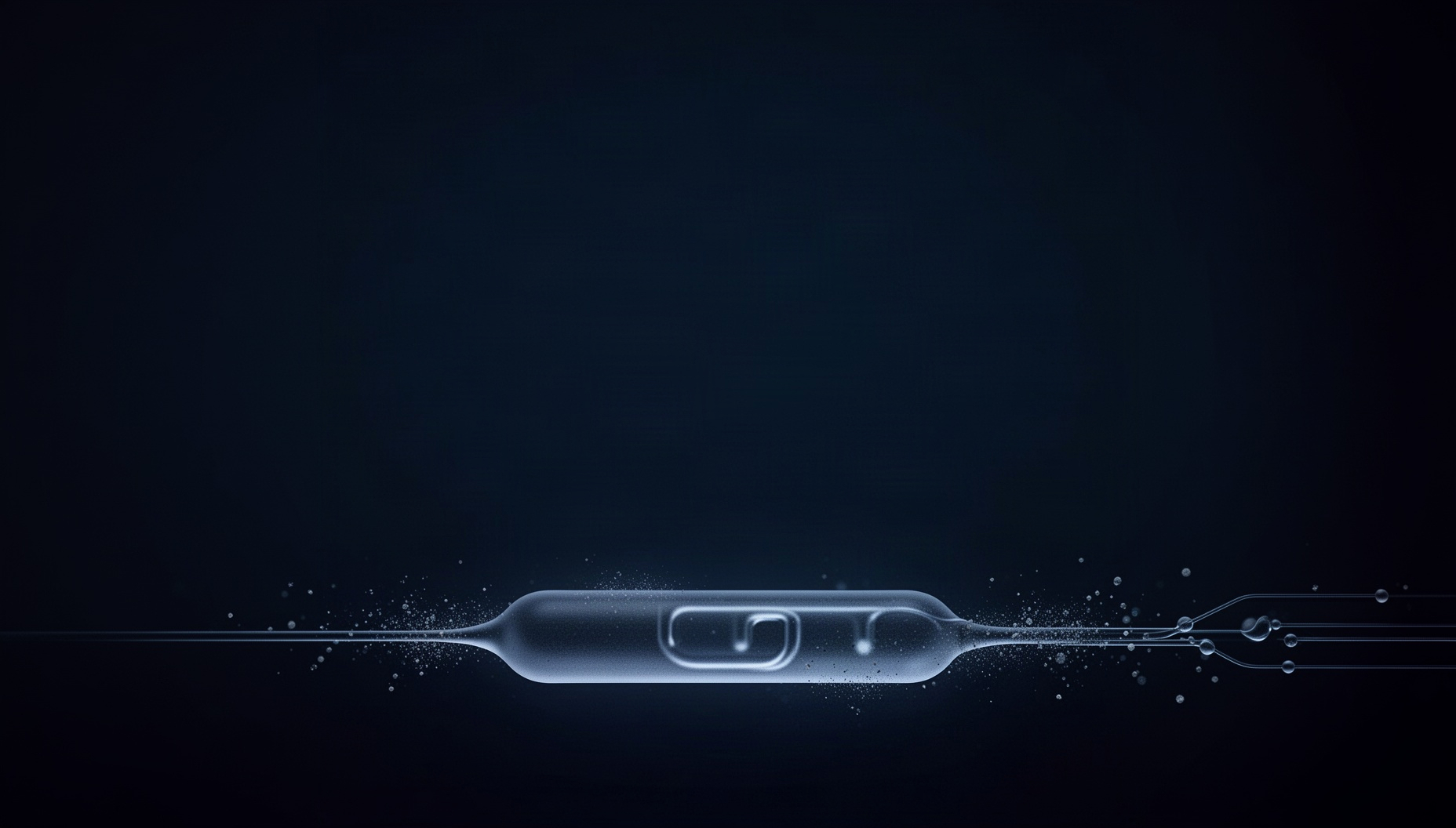 Navy blue PowerPoint background with a holographic microfluidic channel along the bottom edge, deep navy