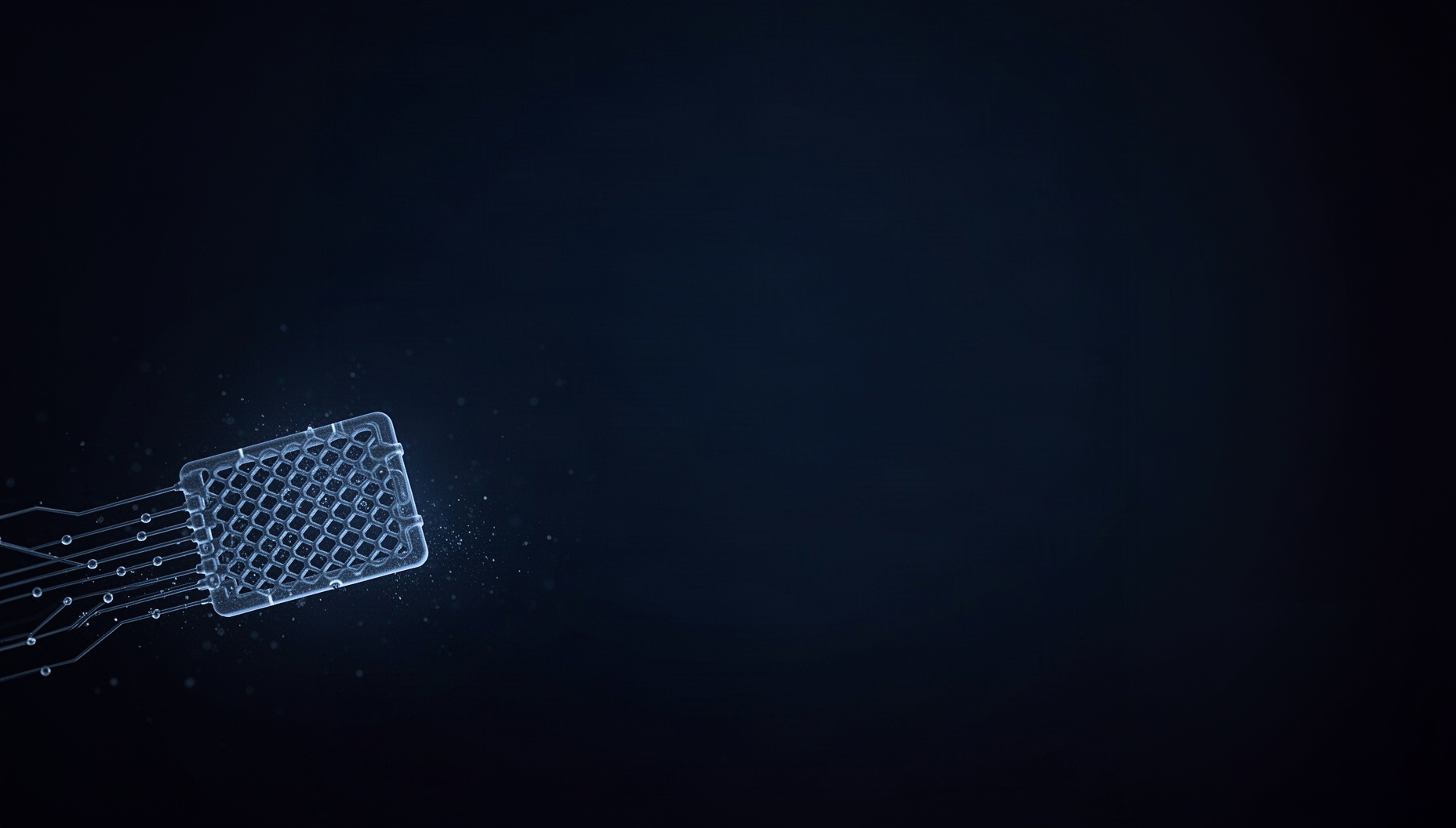 Navy blue PowerPoint background with a holographic electrode mesh in opposite corners, deep navy