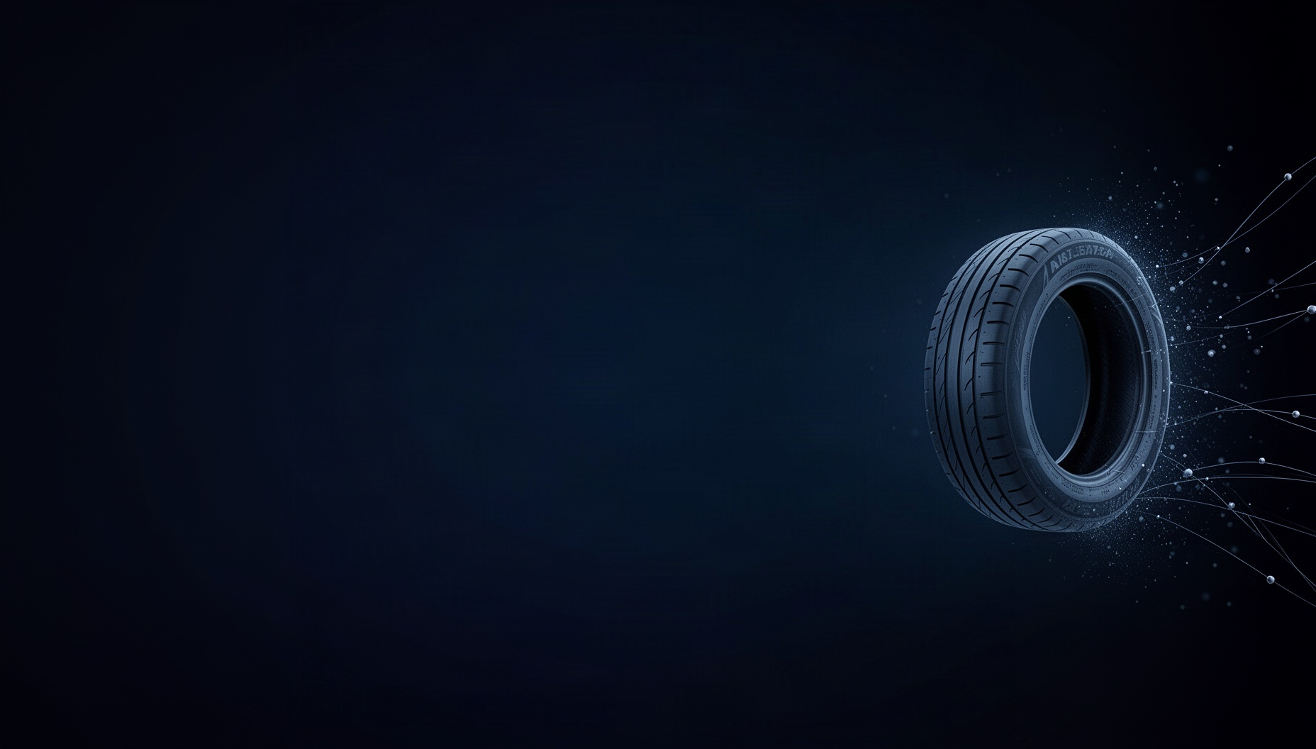 Car presentation background with a holographic tire shoulder on the right edge, deep navy