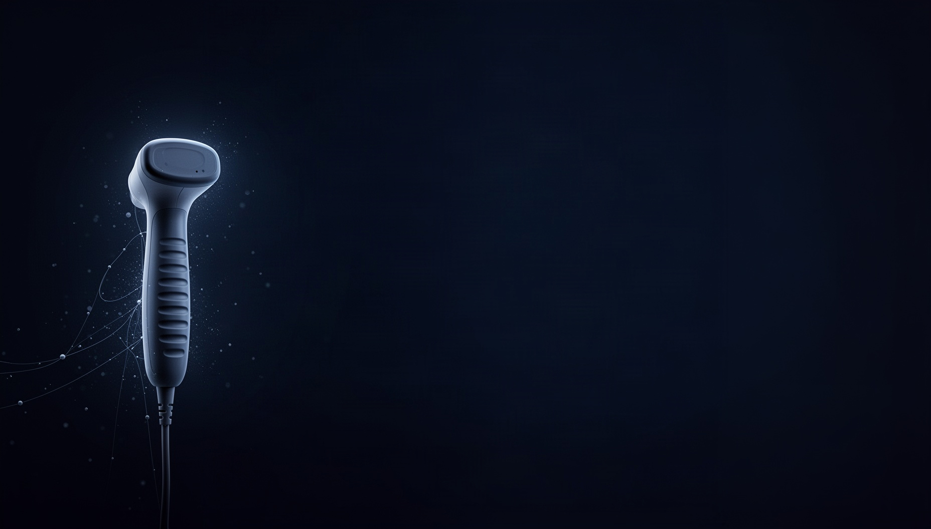Ultrasound PowerPoint background with an ultrasound probe on the left edge, deep navy