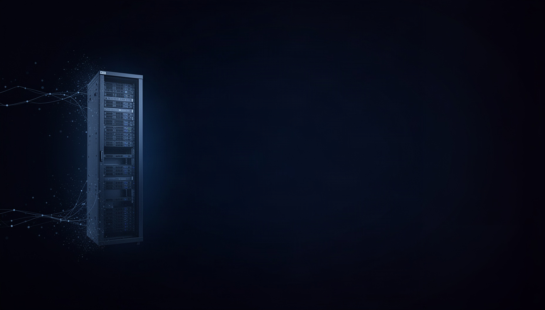 Technology PowerPoint background with a holographic server rack on the left edge, deep navy