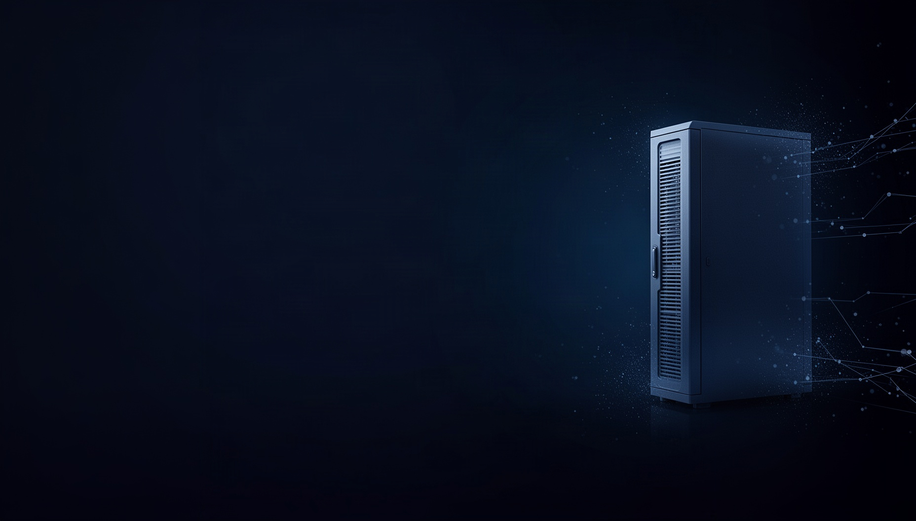 Technology PowerPoint background with a holographic network cabinet on the right edge, deep navy
