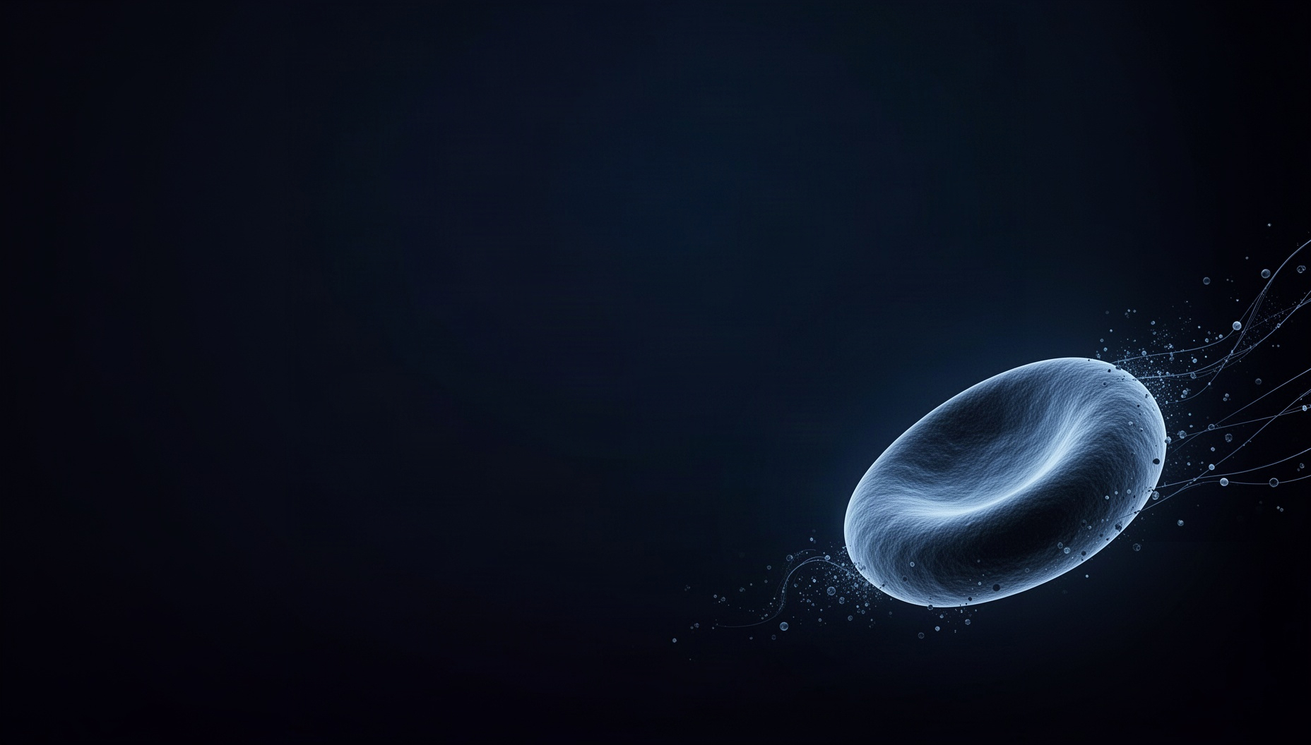 Histology powerpoint background with a blue red blood cell in opposite corners (top left, bottom right), deep navy