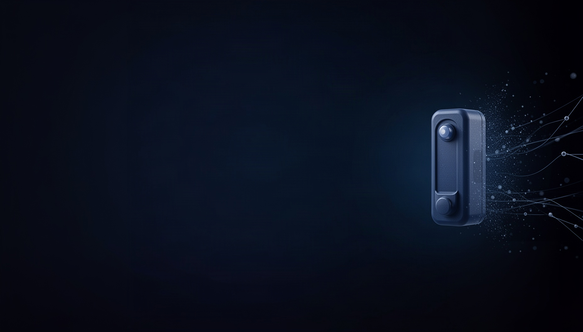 Robotics powerpoint background with a holographic ultrasonic sensor bracket on the right edge, deep navy