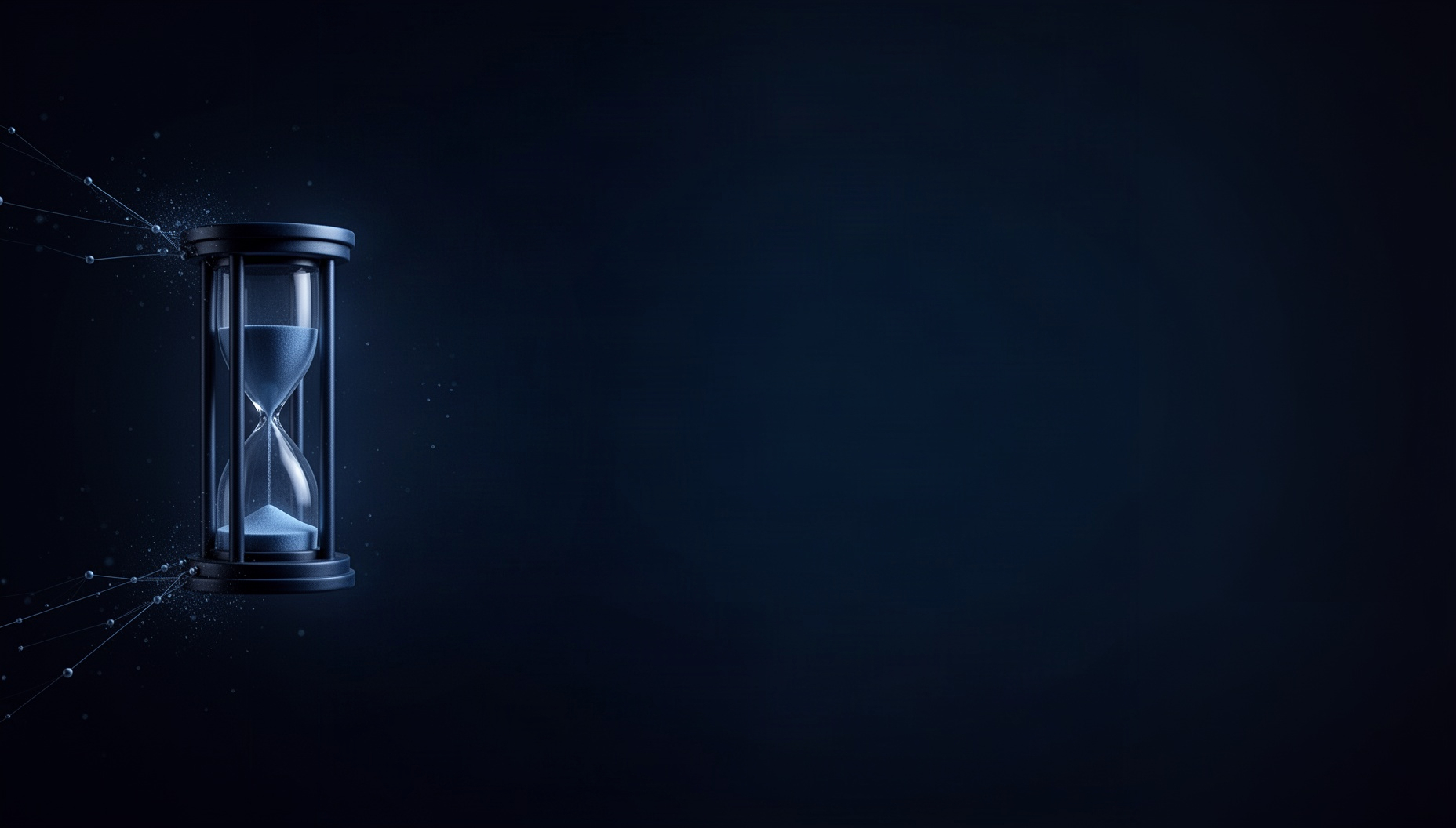Game slide background with a holographic sand timer on the left edge, deep navy