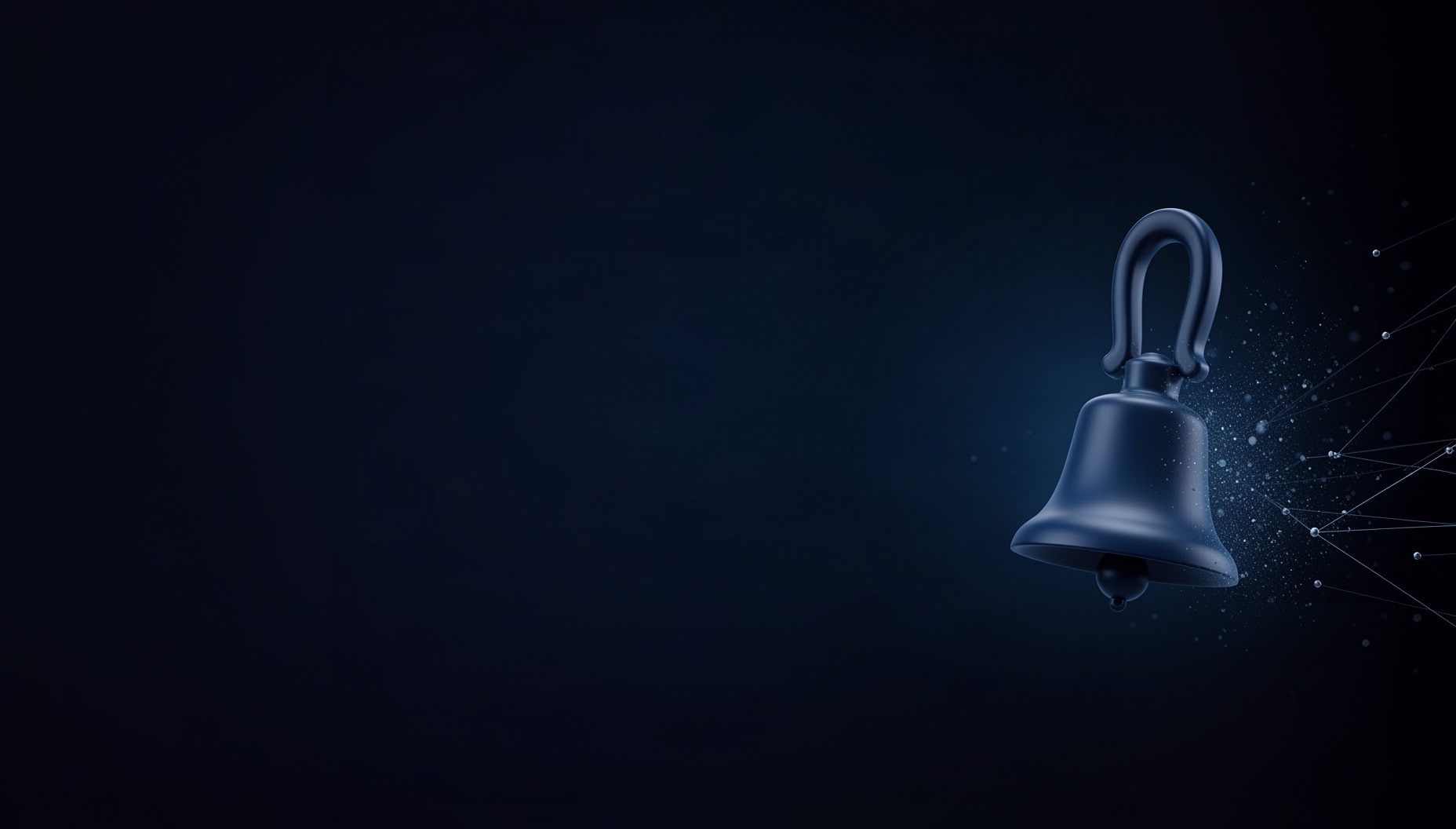 Game slide background with a holographic hand bell on the right edge, deep navy