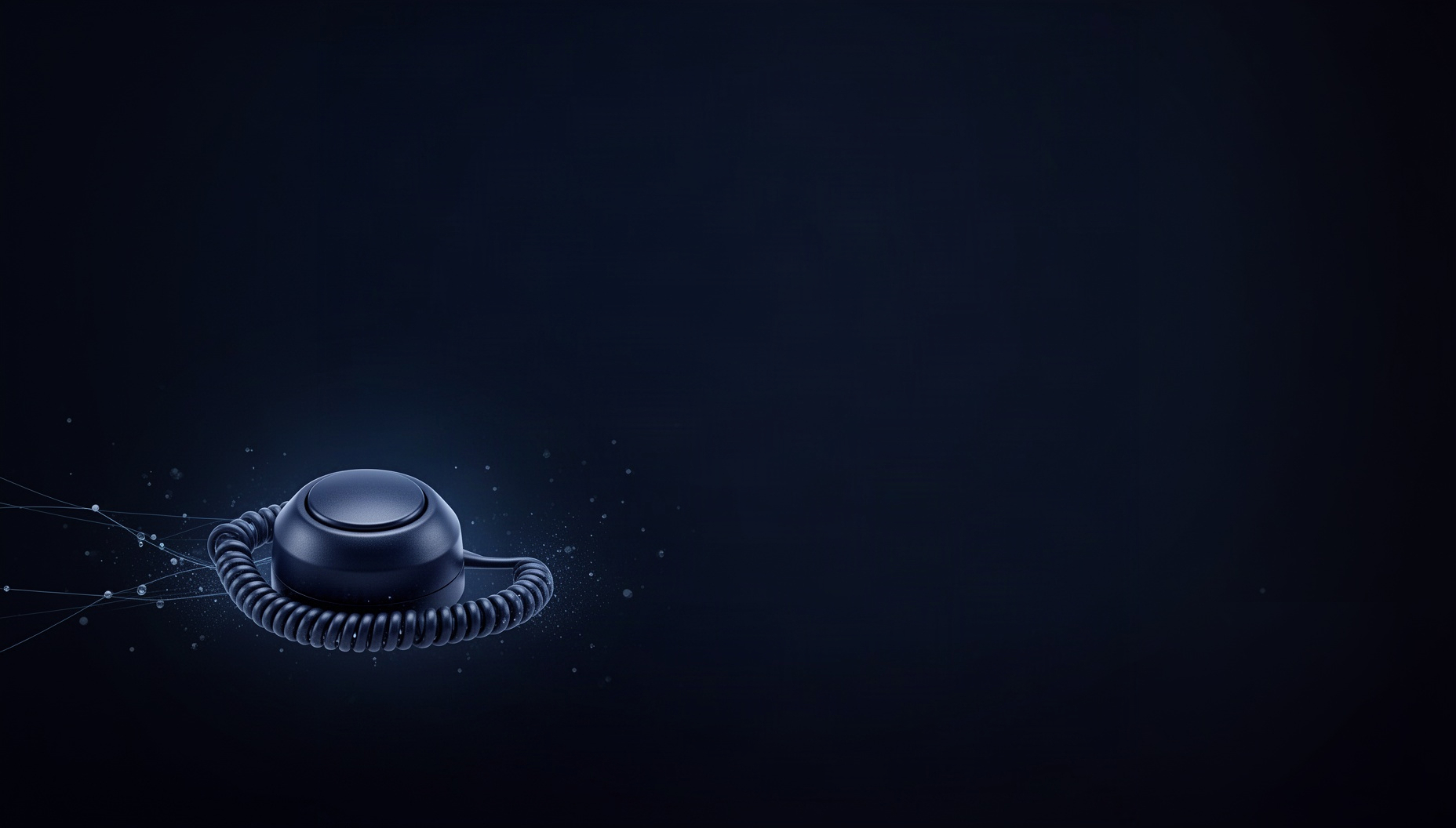 Game slide background with a holographic tabletop buzzer in opposite corners (bottom left, top right), deep navy