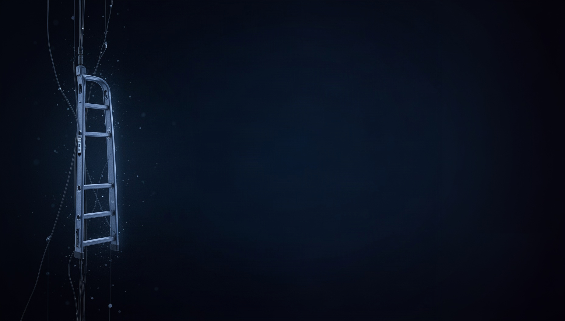 Engineering presentation background with a holographic cable ladder on the left edge, deep navy